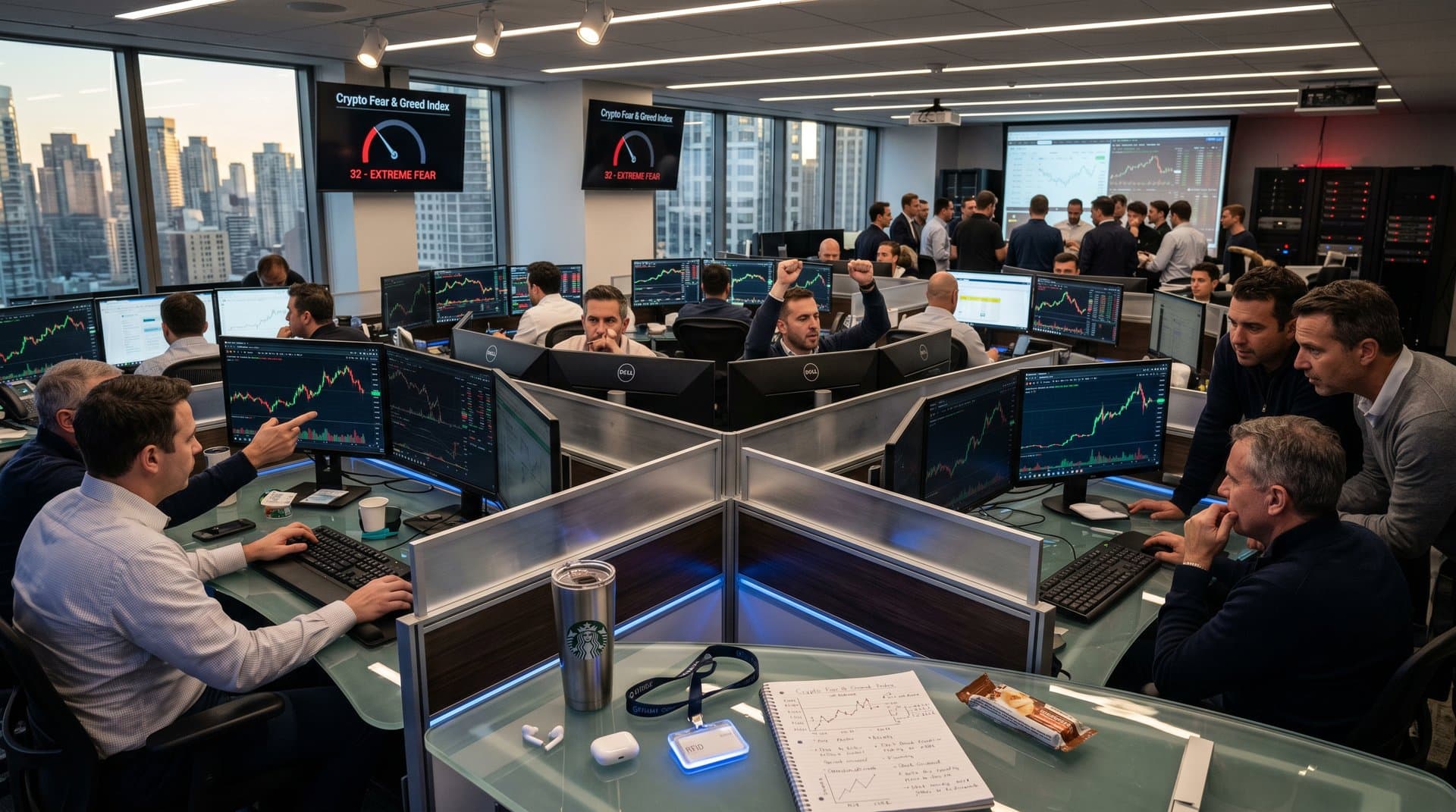 Crypto trading floor screens showing Bitcoin at $78,089 USD, Fear & Greed Index at 32, and market charts amid regulatory news on rave-inspired tokens