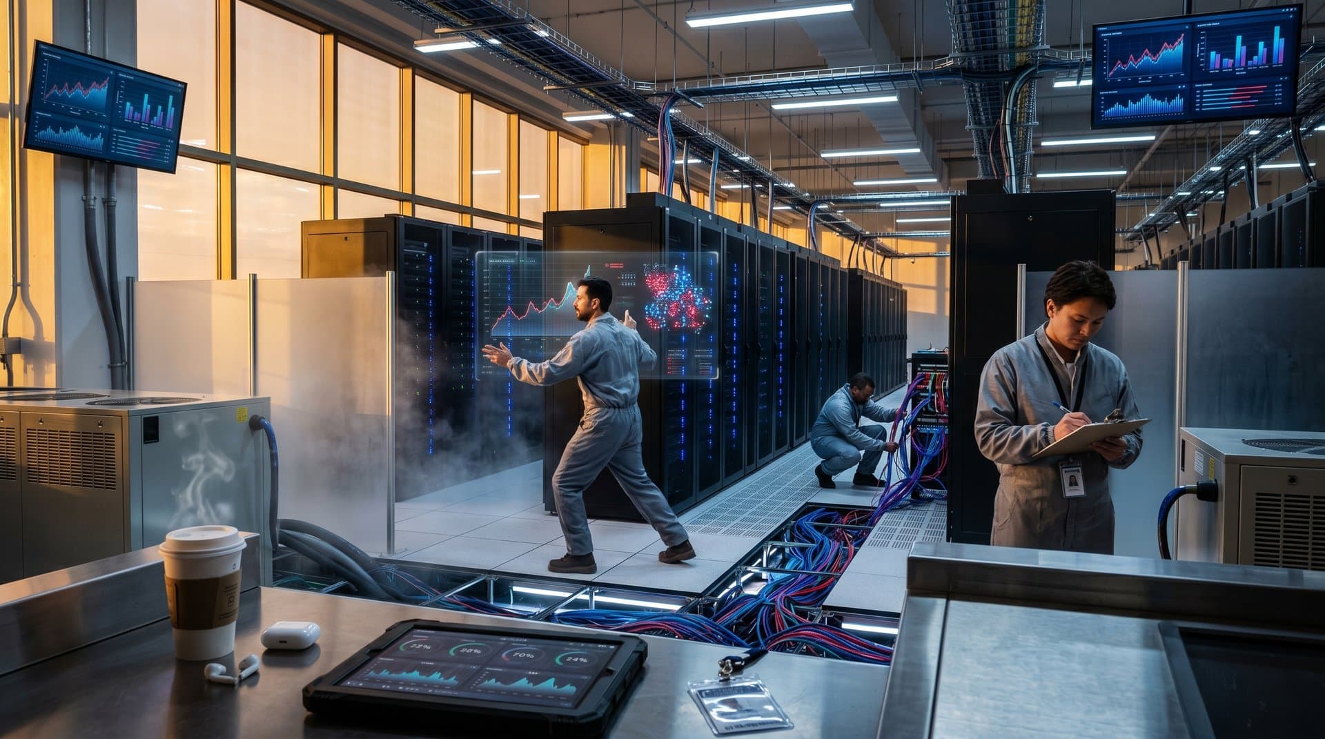 Glowing server racks and fiber cables in a modern Georgia data center with cooling mist and skyline view