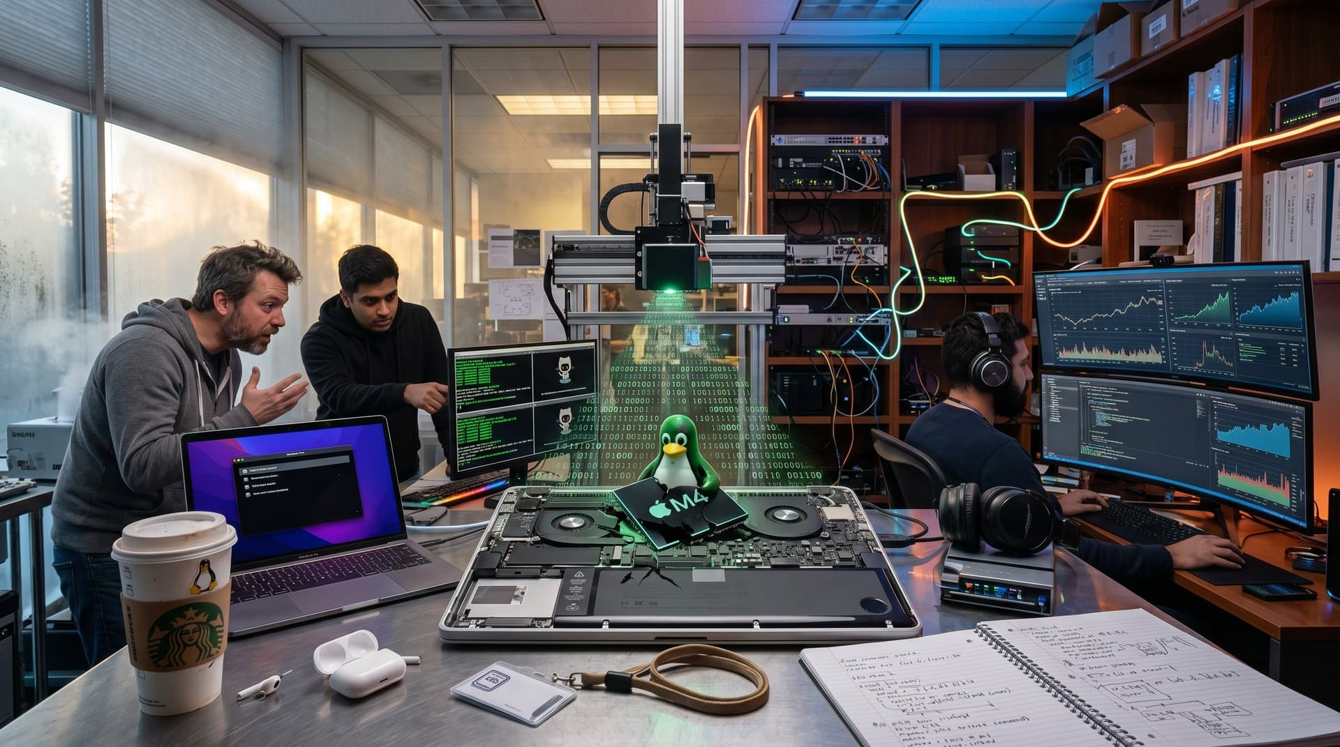 Linux penguin triumphs over Apple Silicon chip with kernel code streams and open-source tech elements in cyberpunk style