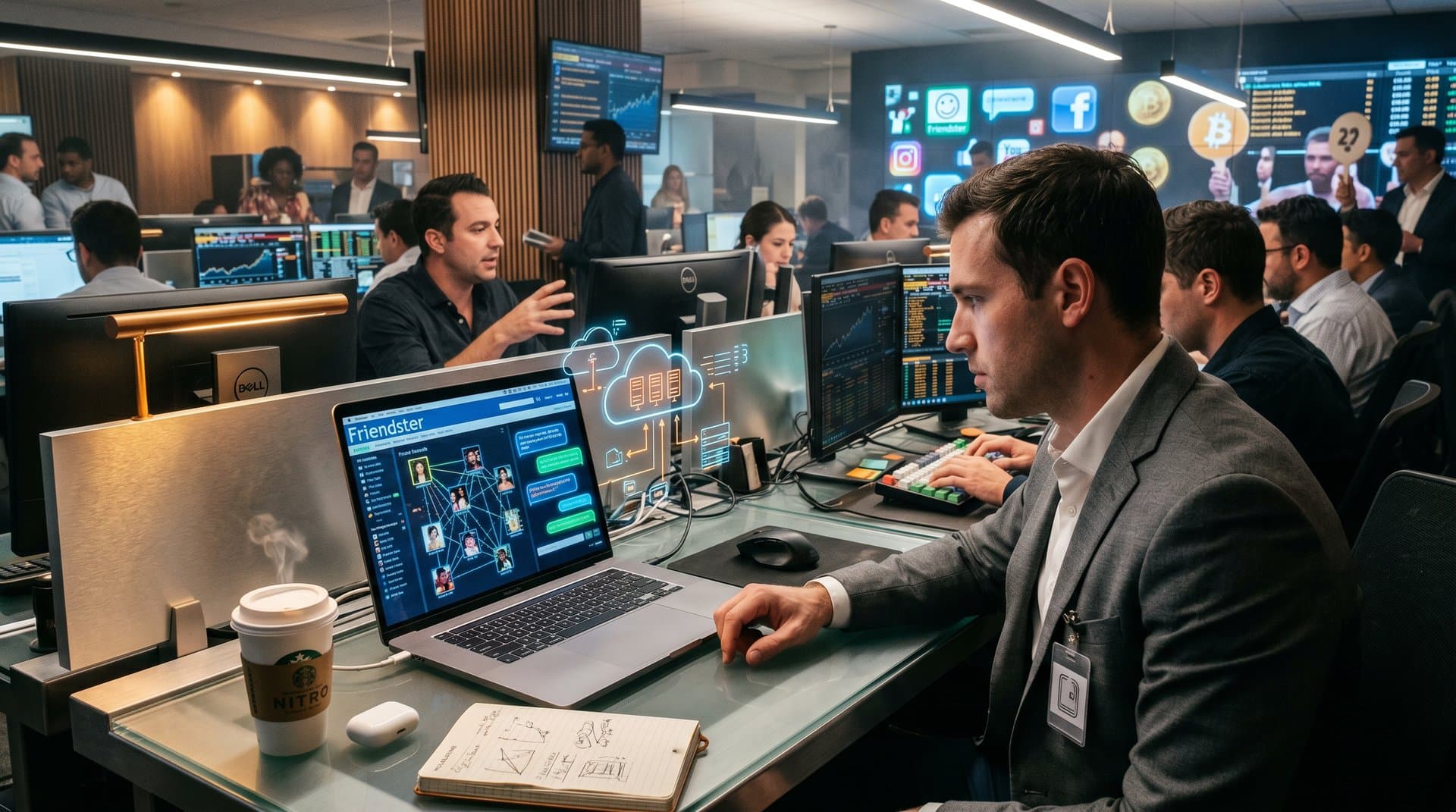 Retro Friendster interface on cloud diagram with social media timeline and crypto elements