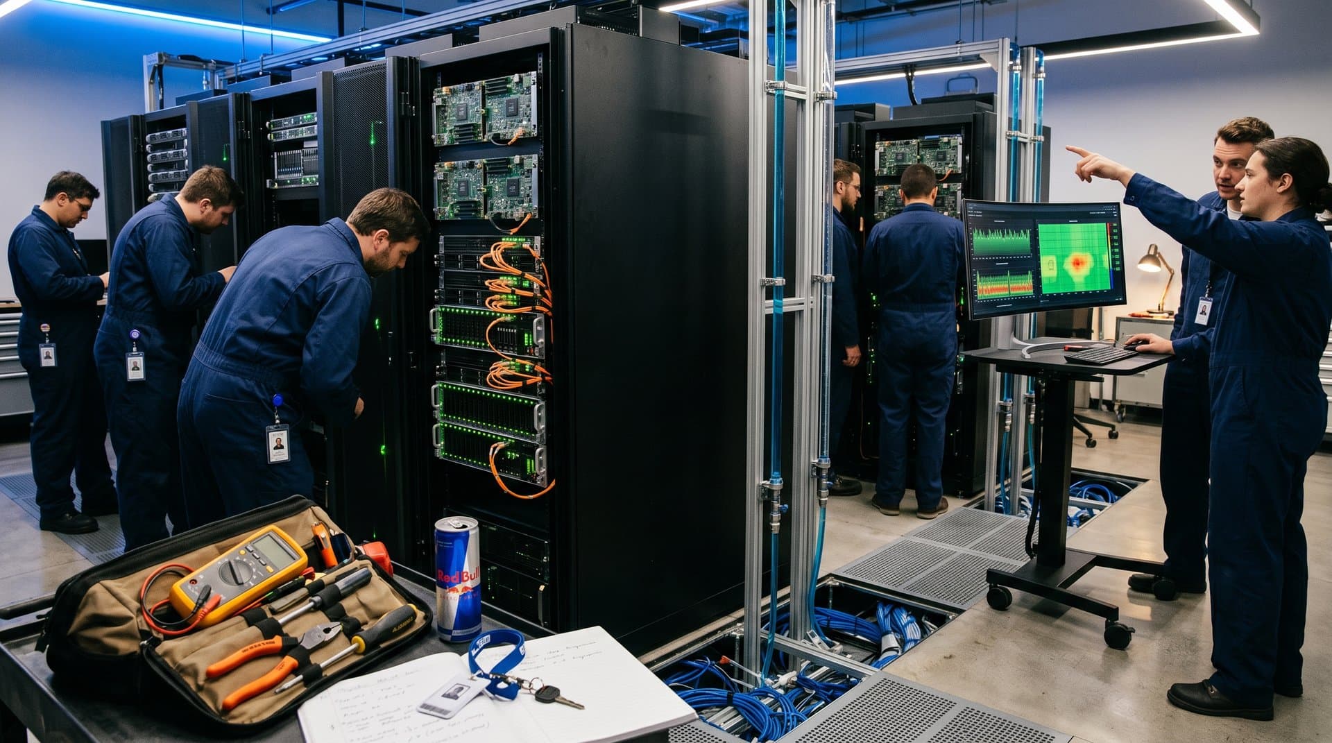 Data center racks with ARM and Apple Silicon servers, cooling infrastructure, and monitoring dashboards