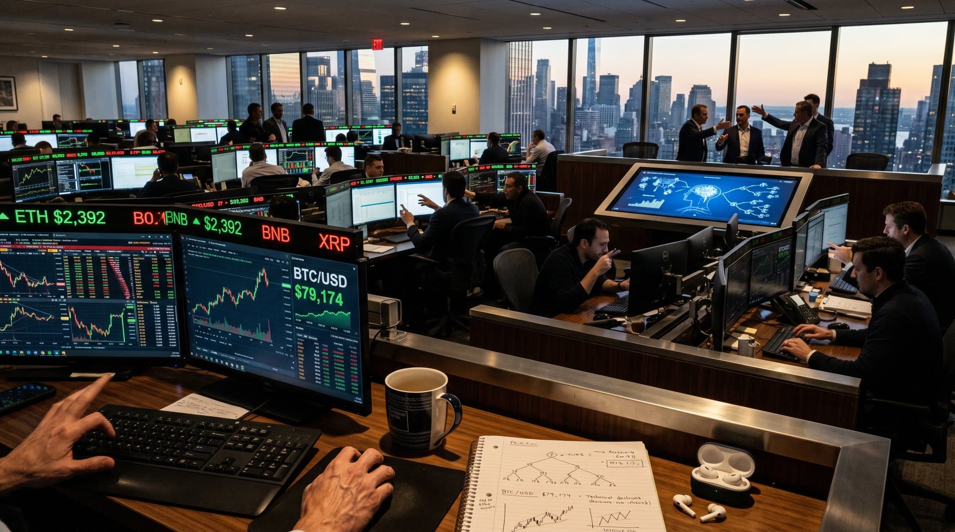Traders at Goldman Sachs Bloomberg terminals monitor crypto charts like BTC and ETH on multi-monitor desks in a bustling modern trading floor