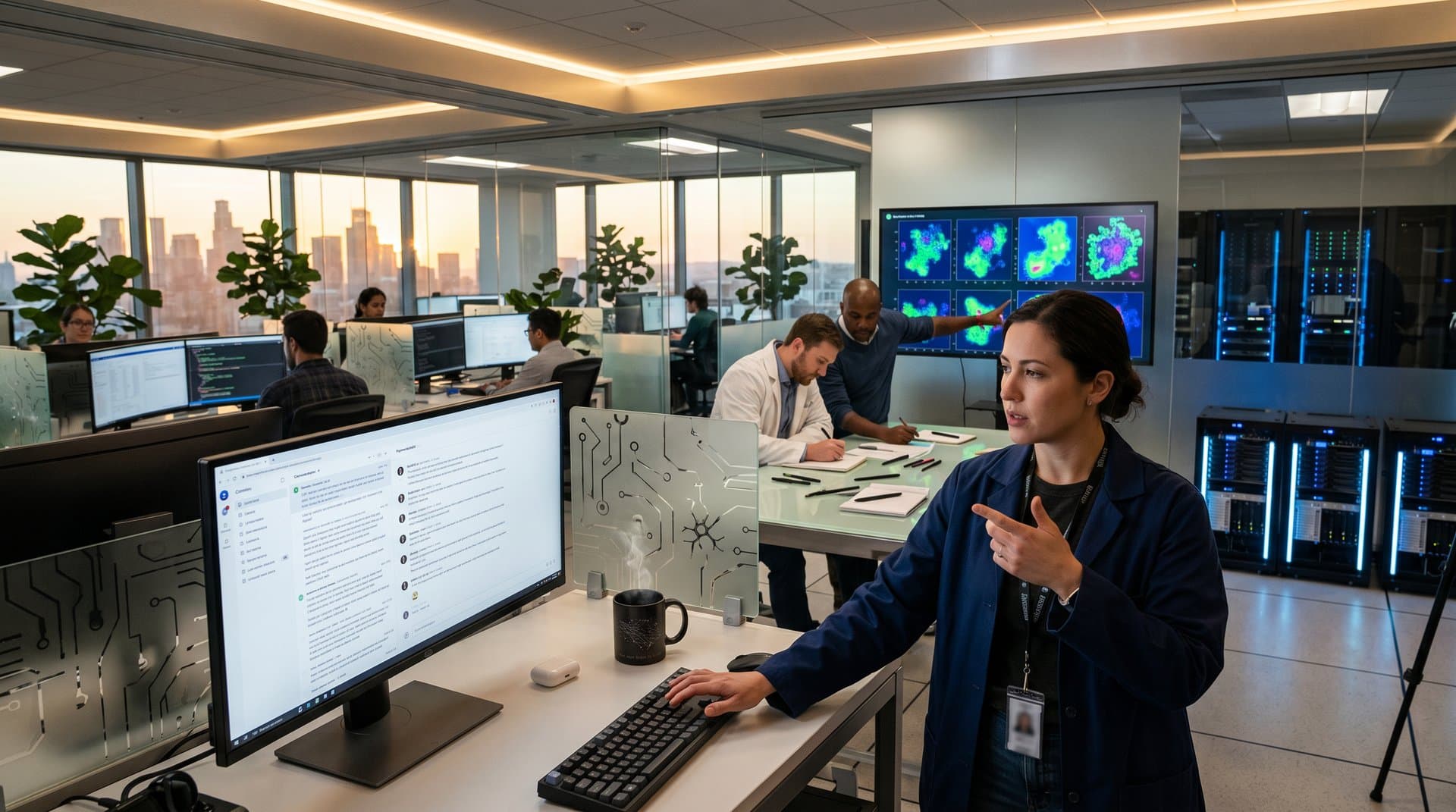 AI mental health chatbot interface on monitor in modern tech research lab with data visualizations and servers