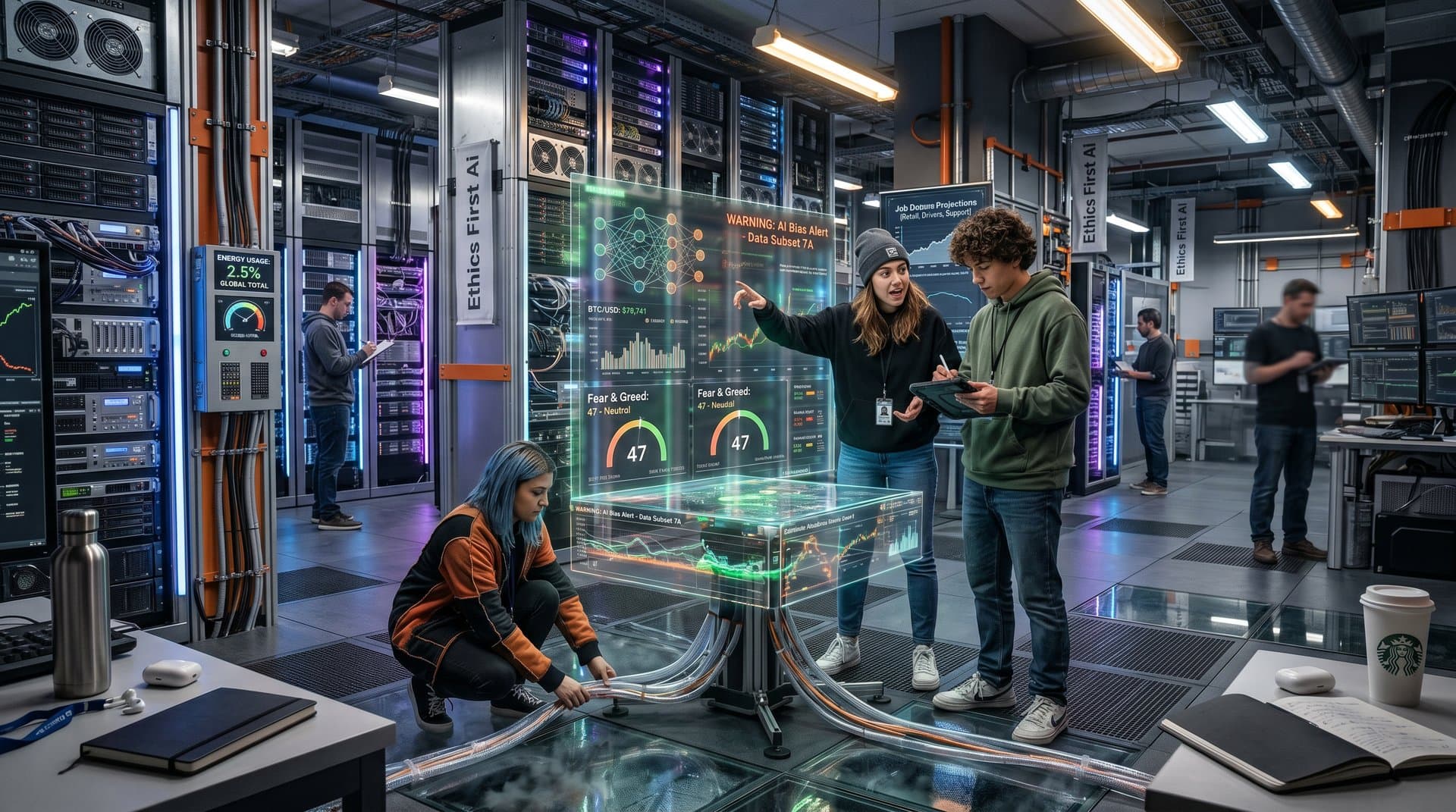 Futuristic data center with glowing servers and AI dashboards symbolizing Gen Z AI skepticism in cloud computing