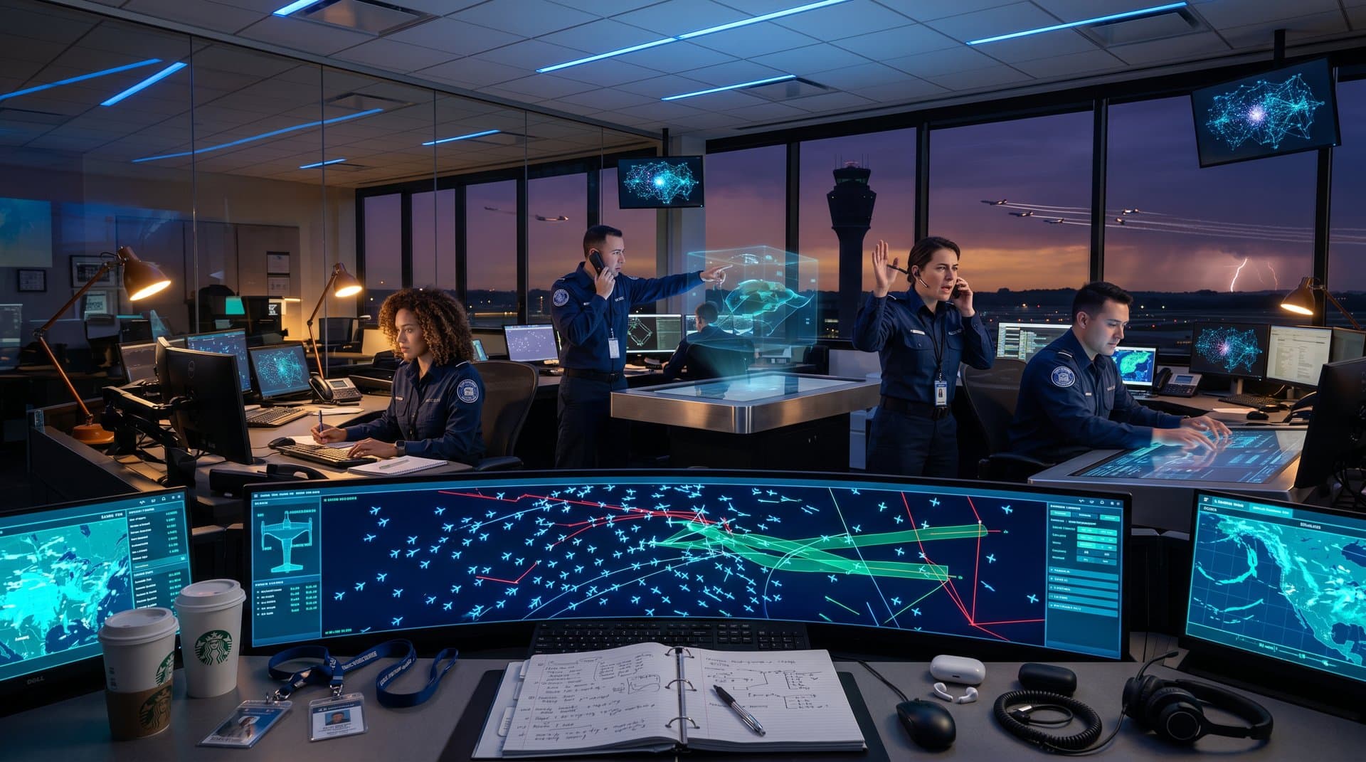 Radar screen with AI overlays predicting air traffic flows in control room