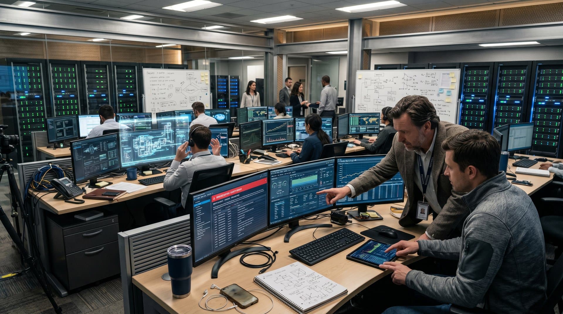 AI safety control room displays vehicle recall alerts and NHTSA data on holographic screens amid server racks