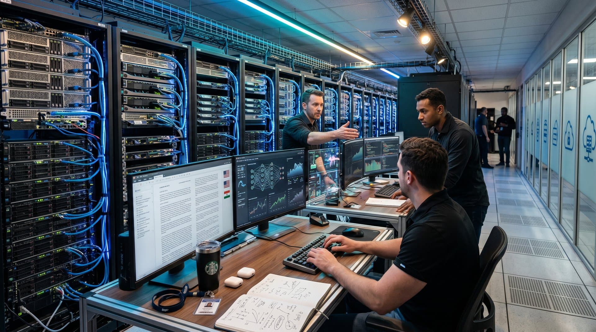 High-tech data center with AI servers, neural network holograms, and market charts evoking Google Pentagon AI deal