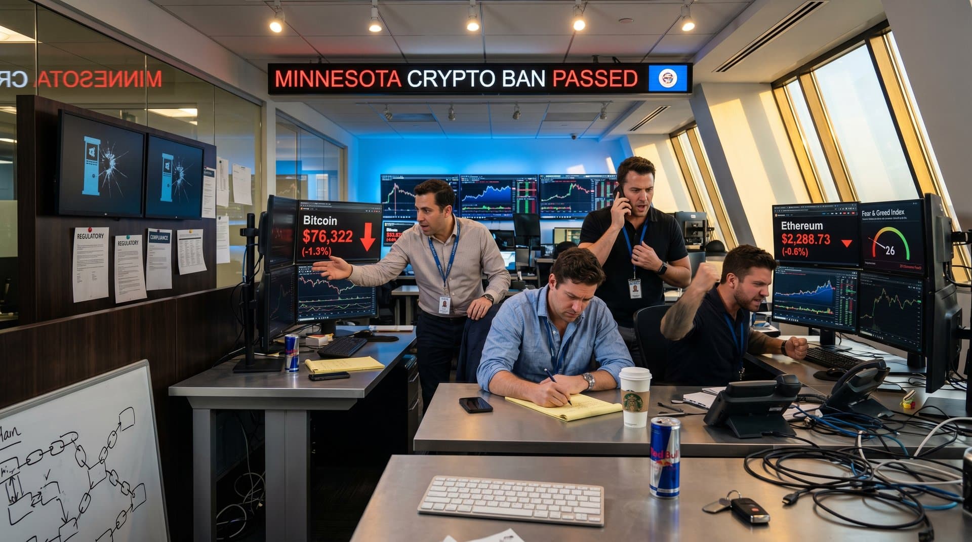 Trading screens display falling crypto prices with Minnesota flag and regulatory warning icons amid market fear
