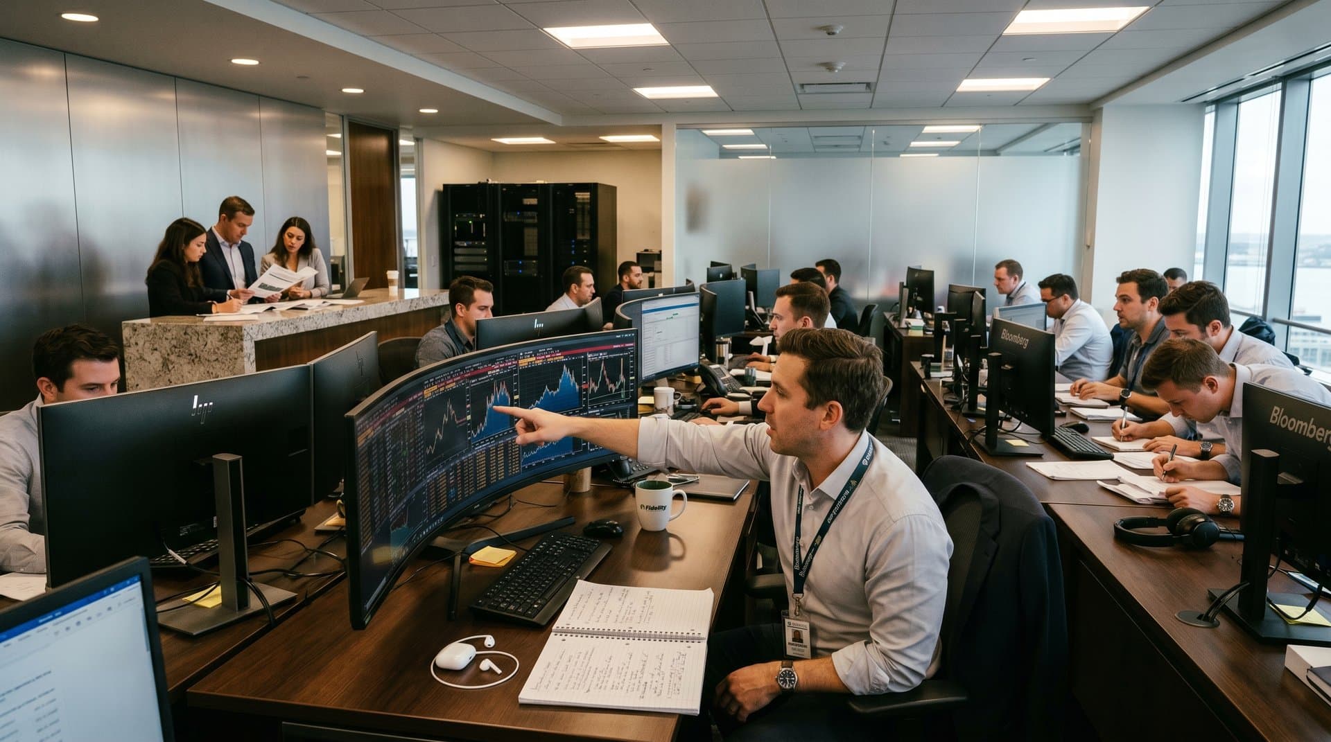 Trading floor monitors display blockchain charts and Bitcoin at $76K amid market data screens