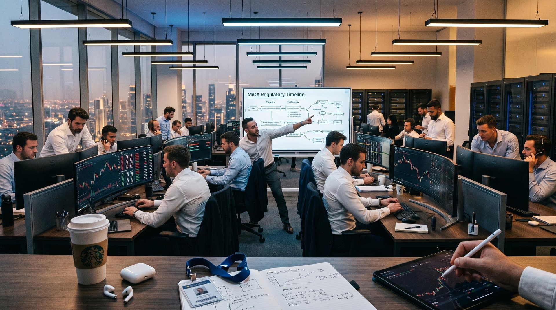 Traders monitor crypto charts on trading floor screens showing BTC at $76k, ETH at $2k, Fear & Greed at 26 amid MiCA timelines