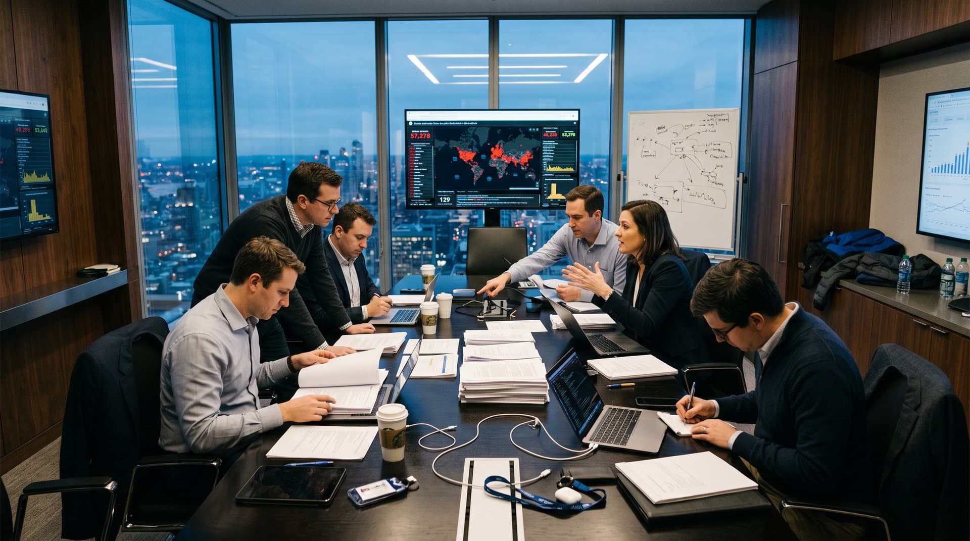 Conference room scene reviewing crypto kiosk regulation documents, US state maps marked for $1M bonds, and blockchain compliance dashboards over city skyline