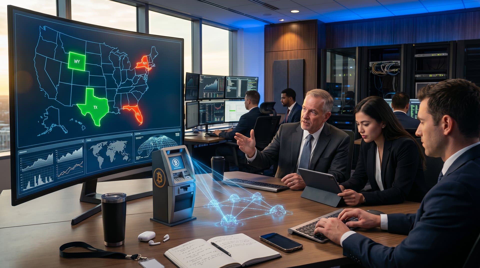 US map highlighting crypto kiosk regulations by state with blockchain and kiosk icons