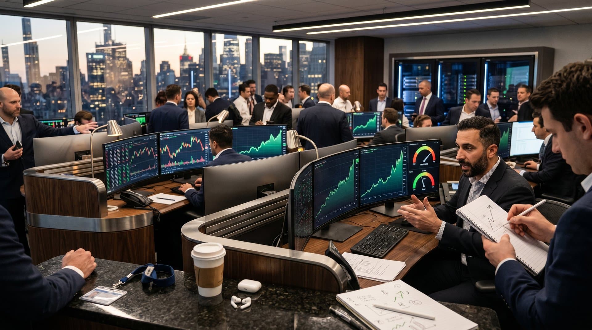 Trading desks with screens showing Bitcoin at $77,265 and Fear & Greed at 26 amid cryptocurrency stocks analysis
