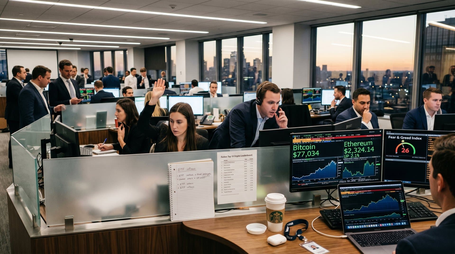 Institutional trading floor with terminals showing Forbes top 10 cryptocurrencies prices and Fear & Greed Index