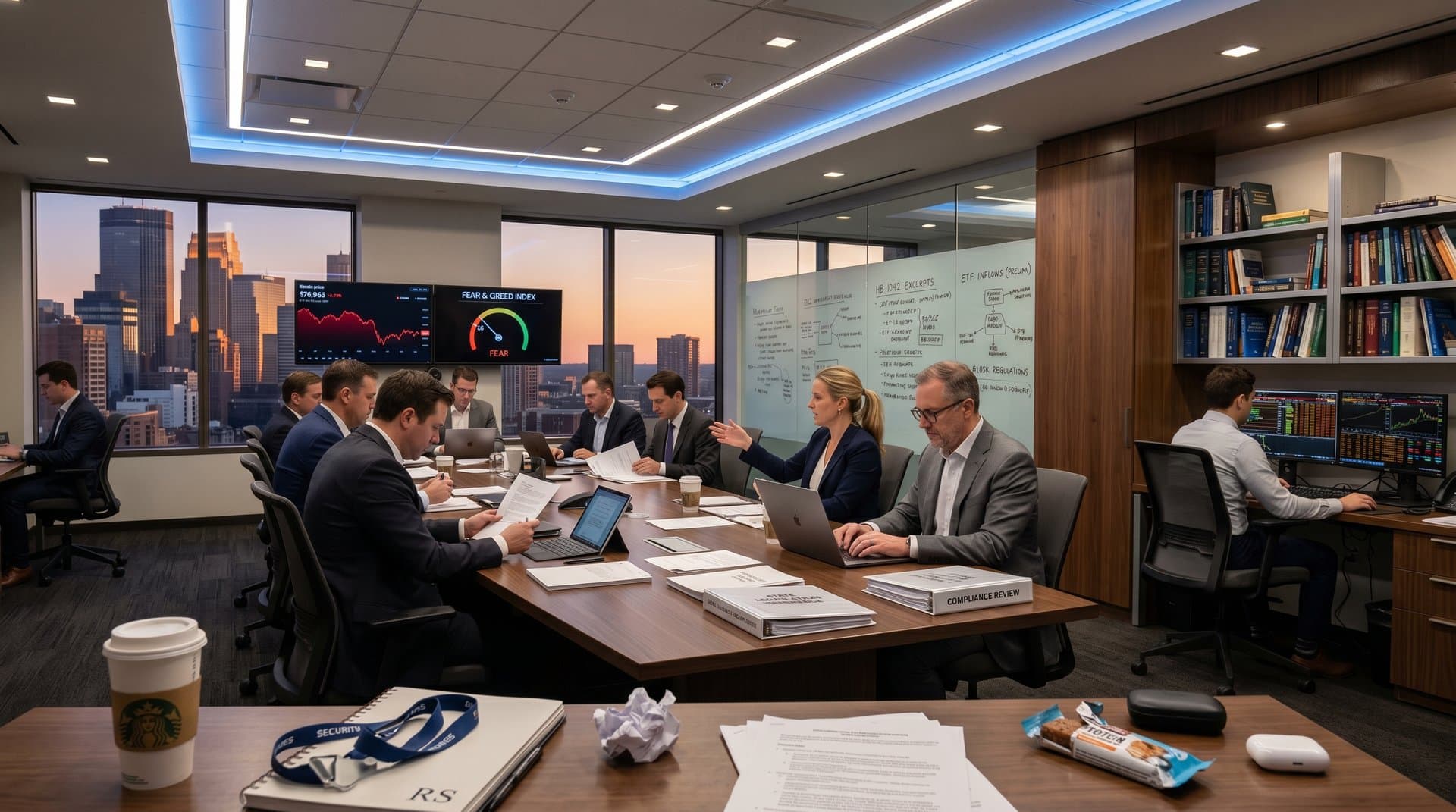 Minneapolis boardroom with monitors showing Minnesota crypto kiosk ban headlines, Bitcoin charts, and regulatory documents