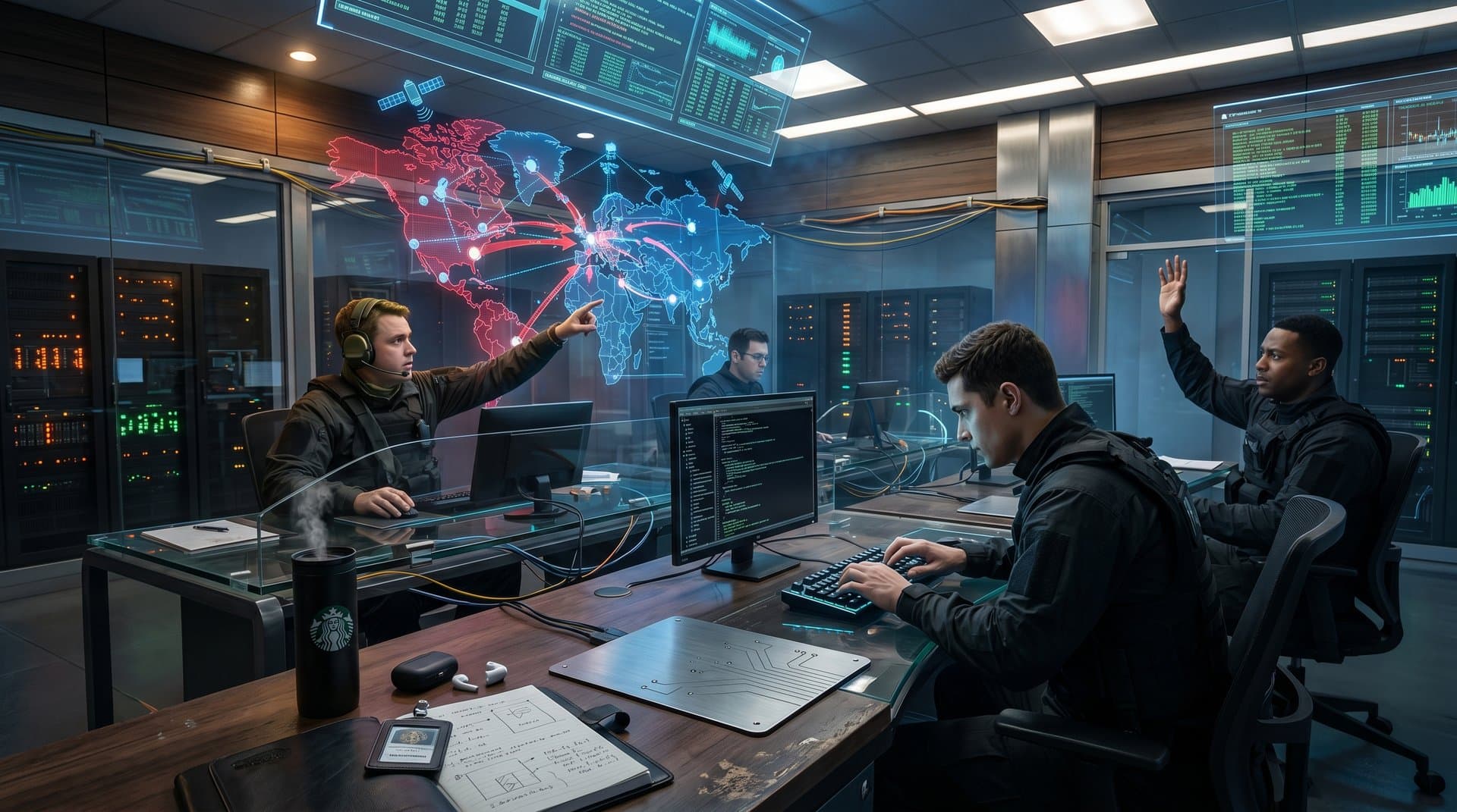 Cyber command center screens show DDoS threats and blockchain transactions targeting Western infrastructure