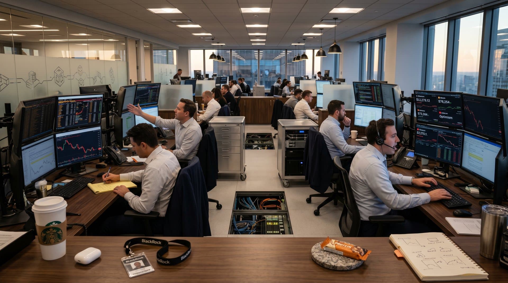 Traders analyze Ethereum and Bitcoin charts on Bloomberg terminals amid layer-2 data on BlackRock trading floor (92 chars)