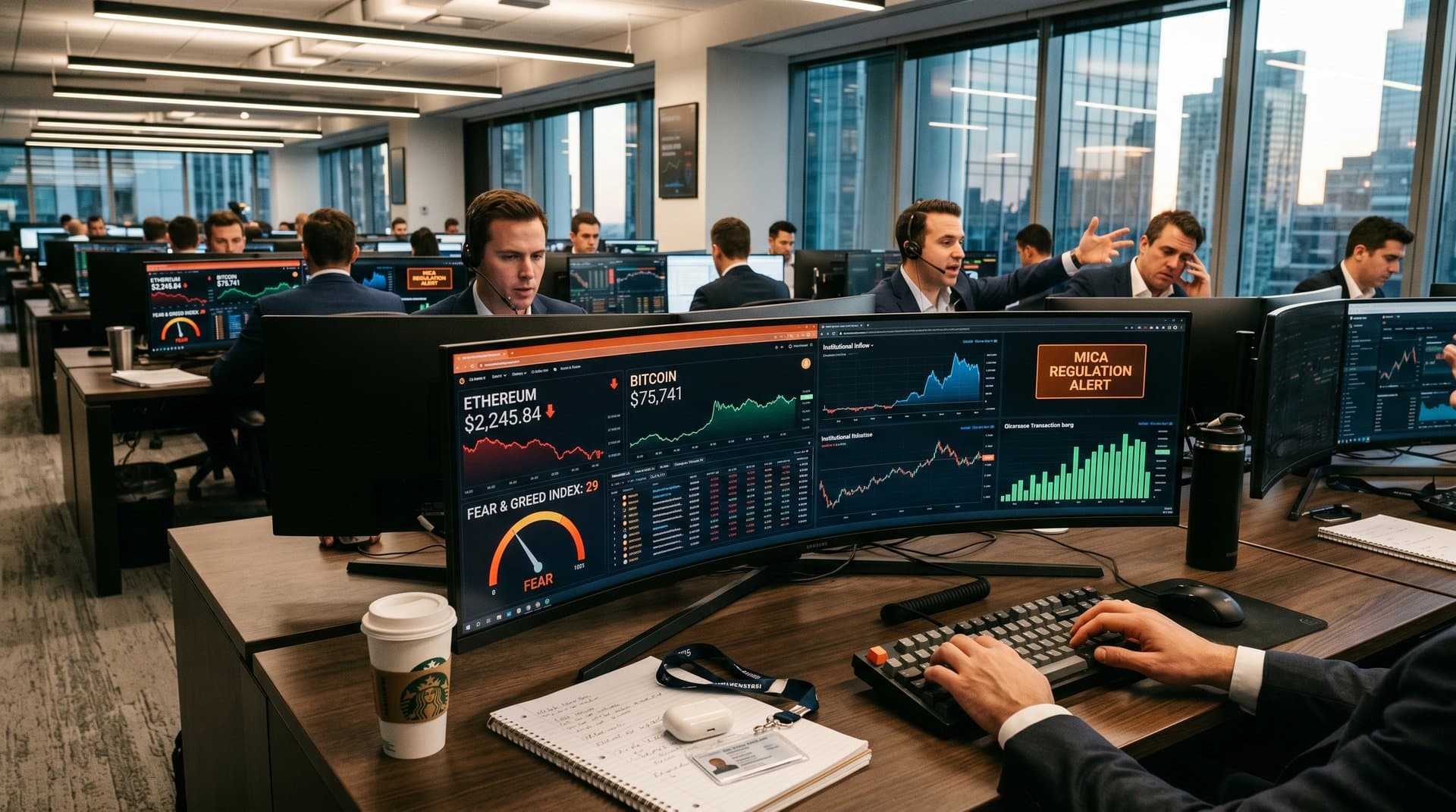 Digital dashboard showing Ethereum price at $2,245, institutional inflows, and Fear & Greed Index at 29 amid cloud integration charts