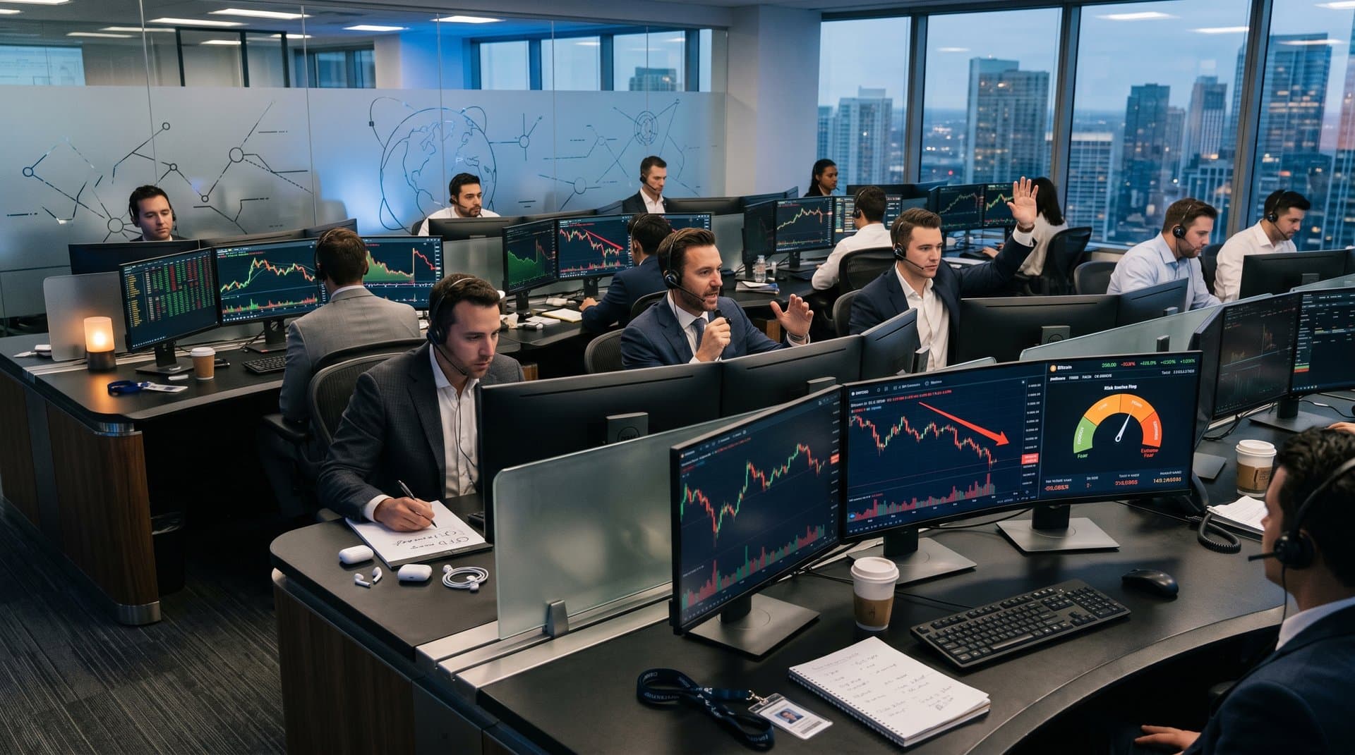 Modern trading floor with monitors showing crypto charts, Bitcoin at $75,723, Fear & Greed Index, institutional trading atmosphere