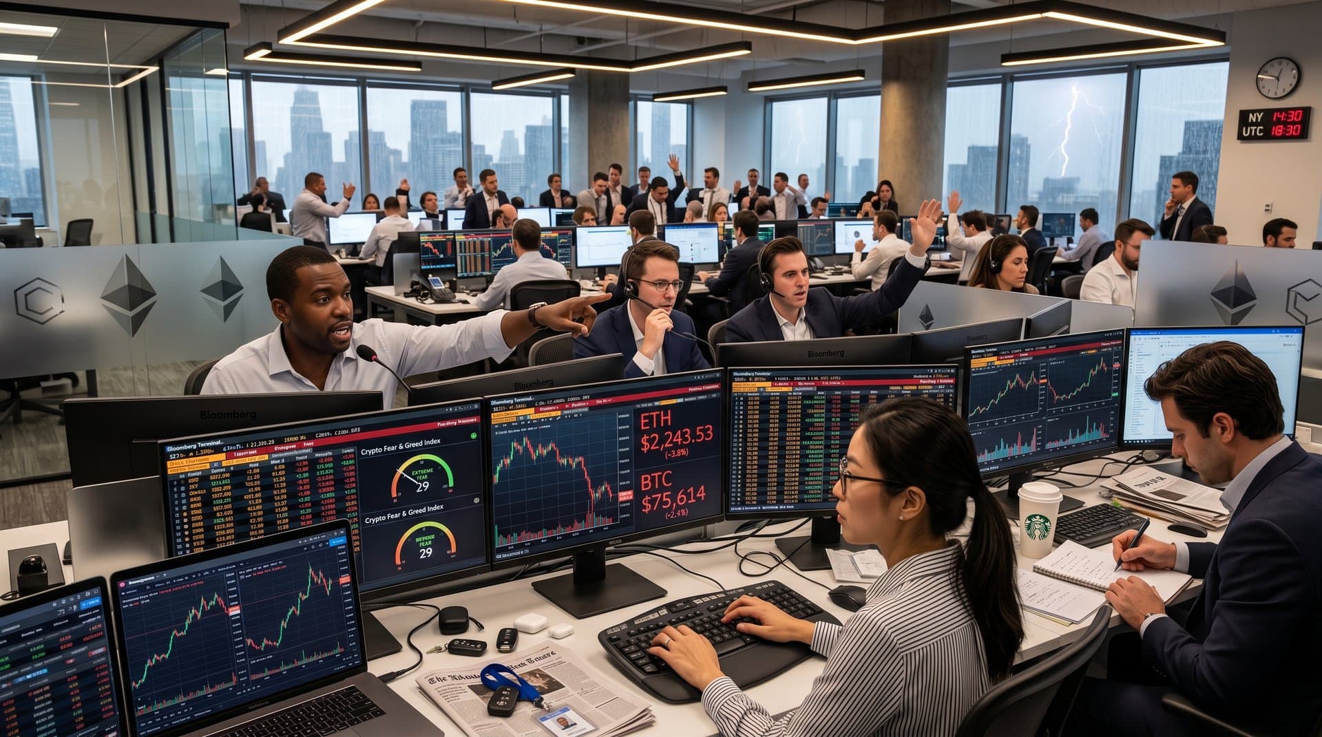 Traders at Bloomberg terminals on Goldman Sachs floor monitor Ethereum charts dropping to $2,243 amid red market screens and data displays