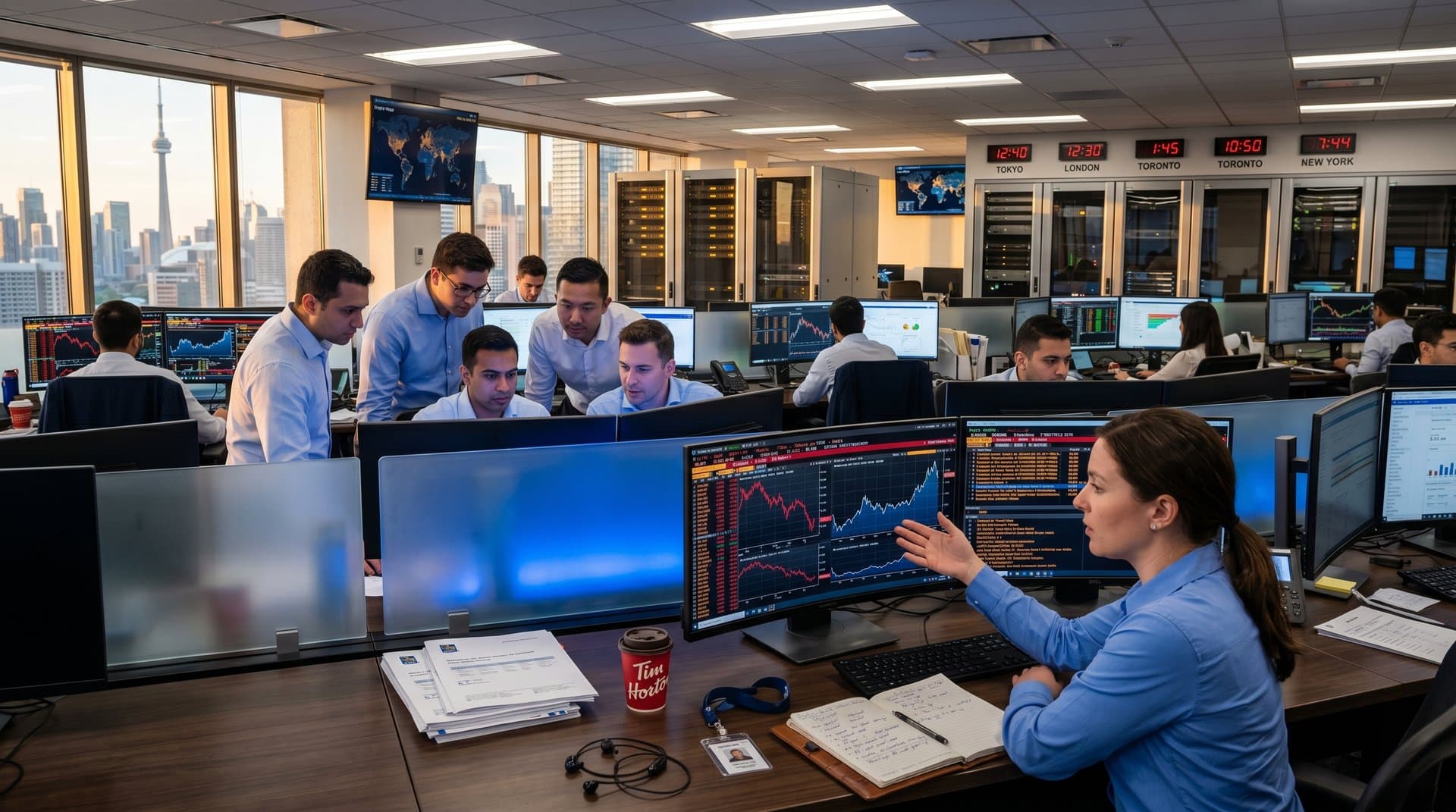 Crypto compliance center with Bloomberg terminals showing price charts, regulatory maps, and transaction logs in sleek office