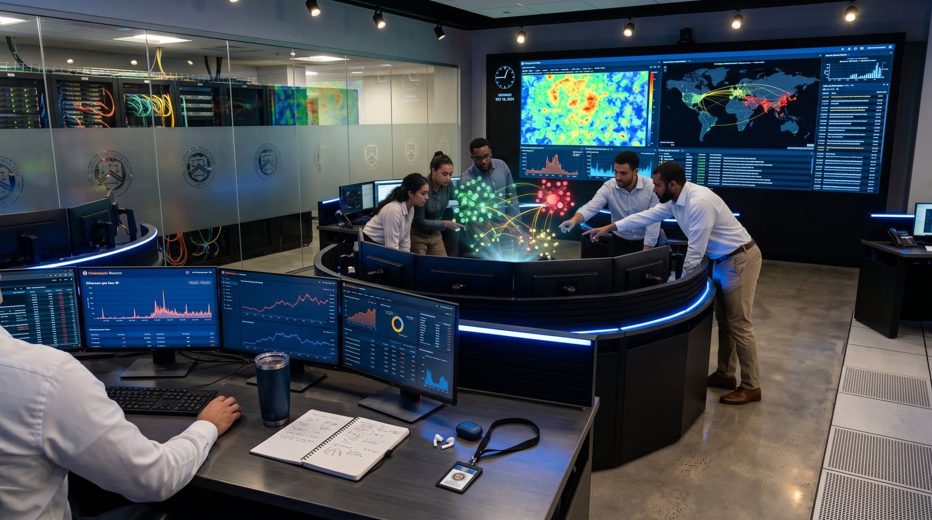 Blockchain analysts monitor Iranian crypto flows in US Treasury center with data visualizations on screens