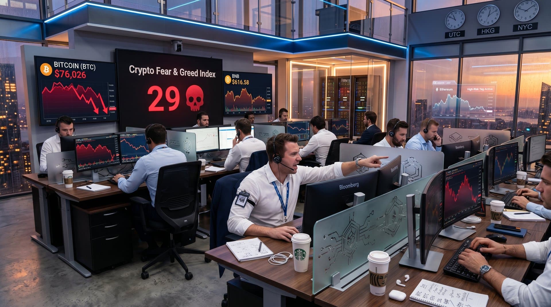 Crypto charts on trading floor screens show BTC decline to $76K, BNB at $616, and Fear Index at 29 amid market volatility