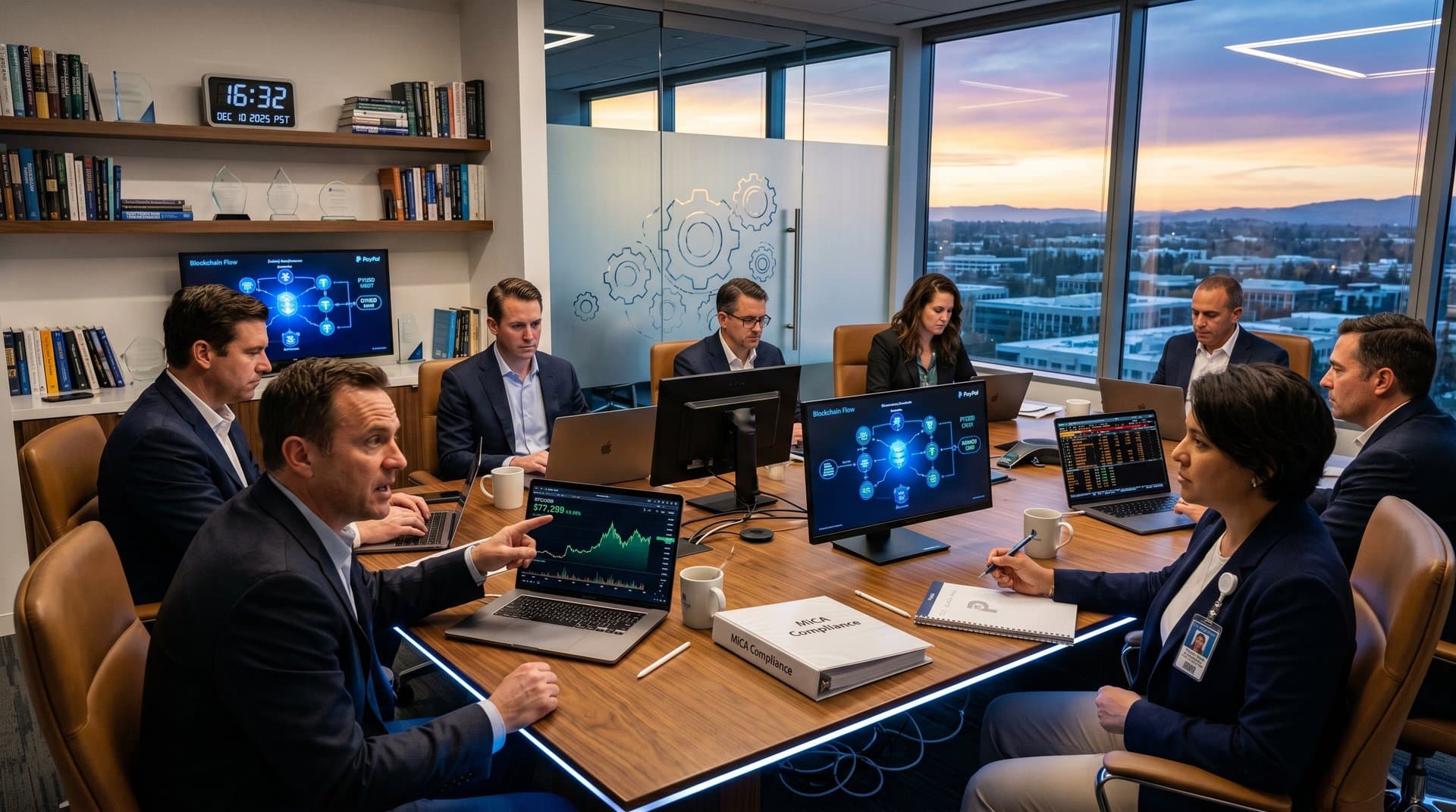 PayPal boardroom with crypto price charts on screens, blockchain diagrams, and market data displays