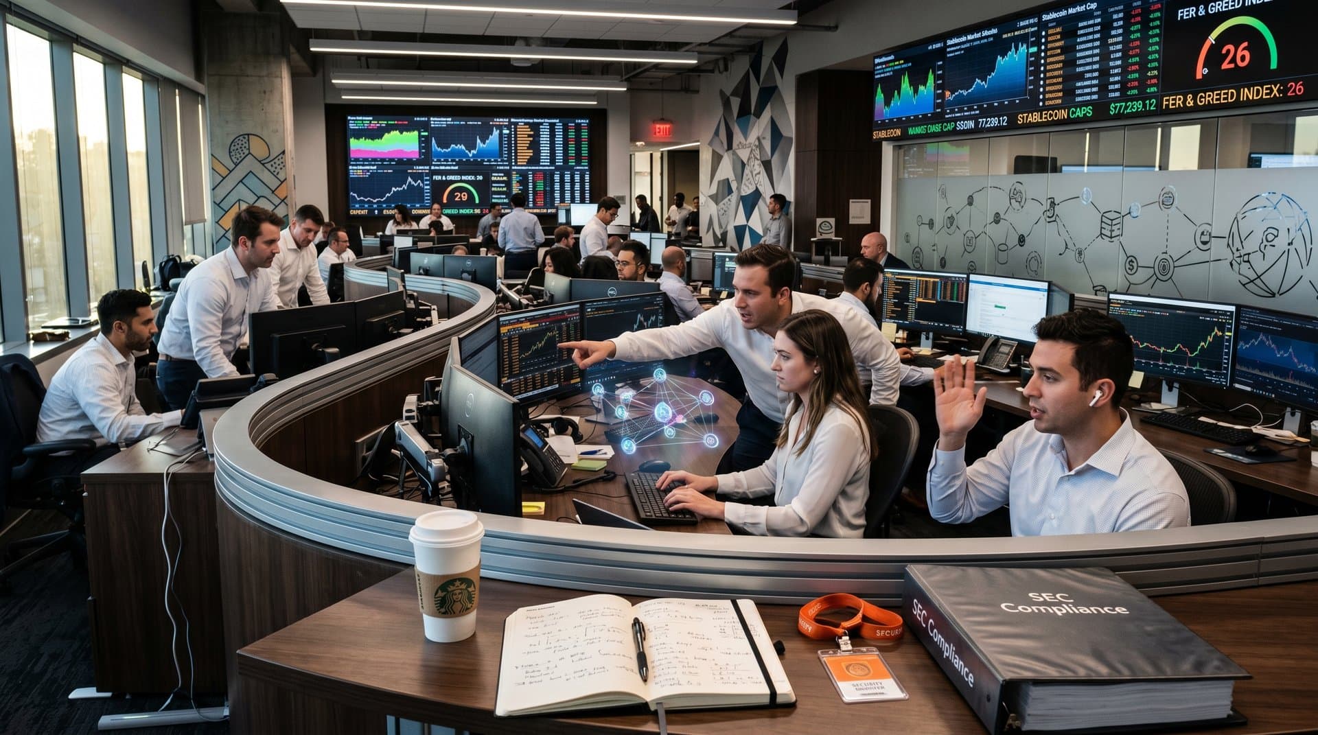 Fintech trading floor with Bloomberg terminals showing Bitcoin at $77,239 and blockchain charts amid institutional finance elements