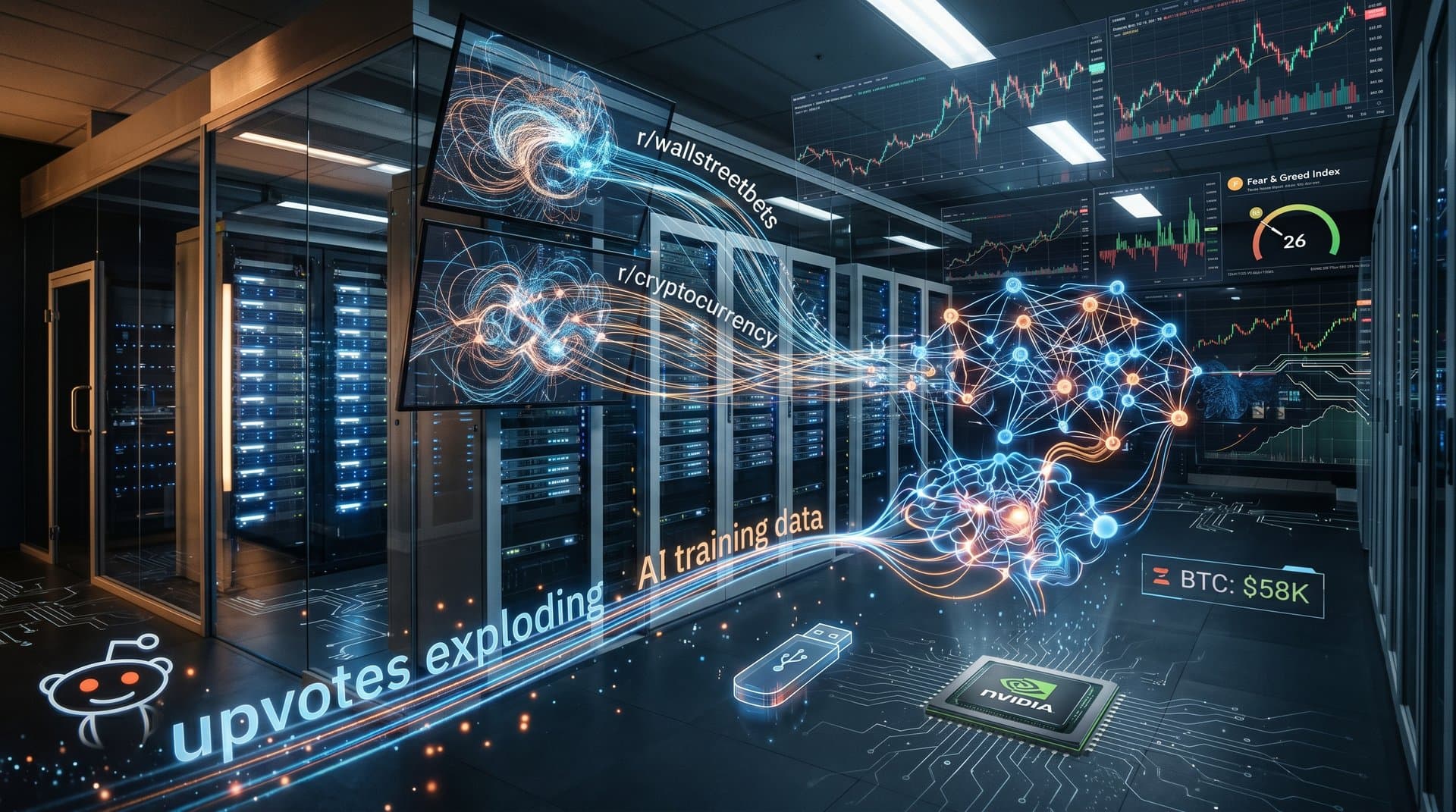 Digital visualization of Reddit data fueling AI networks amid crypto charts