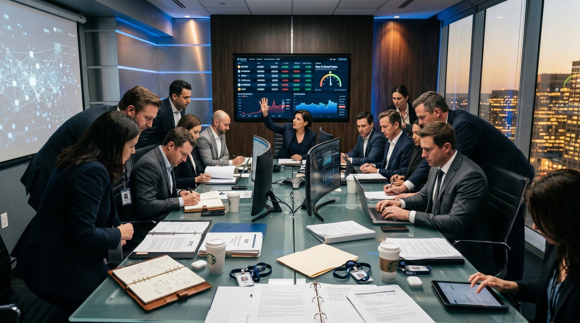 Professionals analyzing blockchain compliance and crypto charts in a modern regulatory office