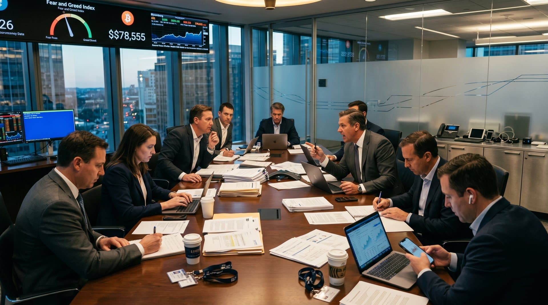 Modern boardroom with Bloomberg terminals showing crypto charts, regulatory documents, and Fear & Greed Index amid blockchain compliance review