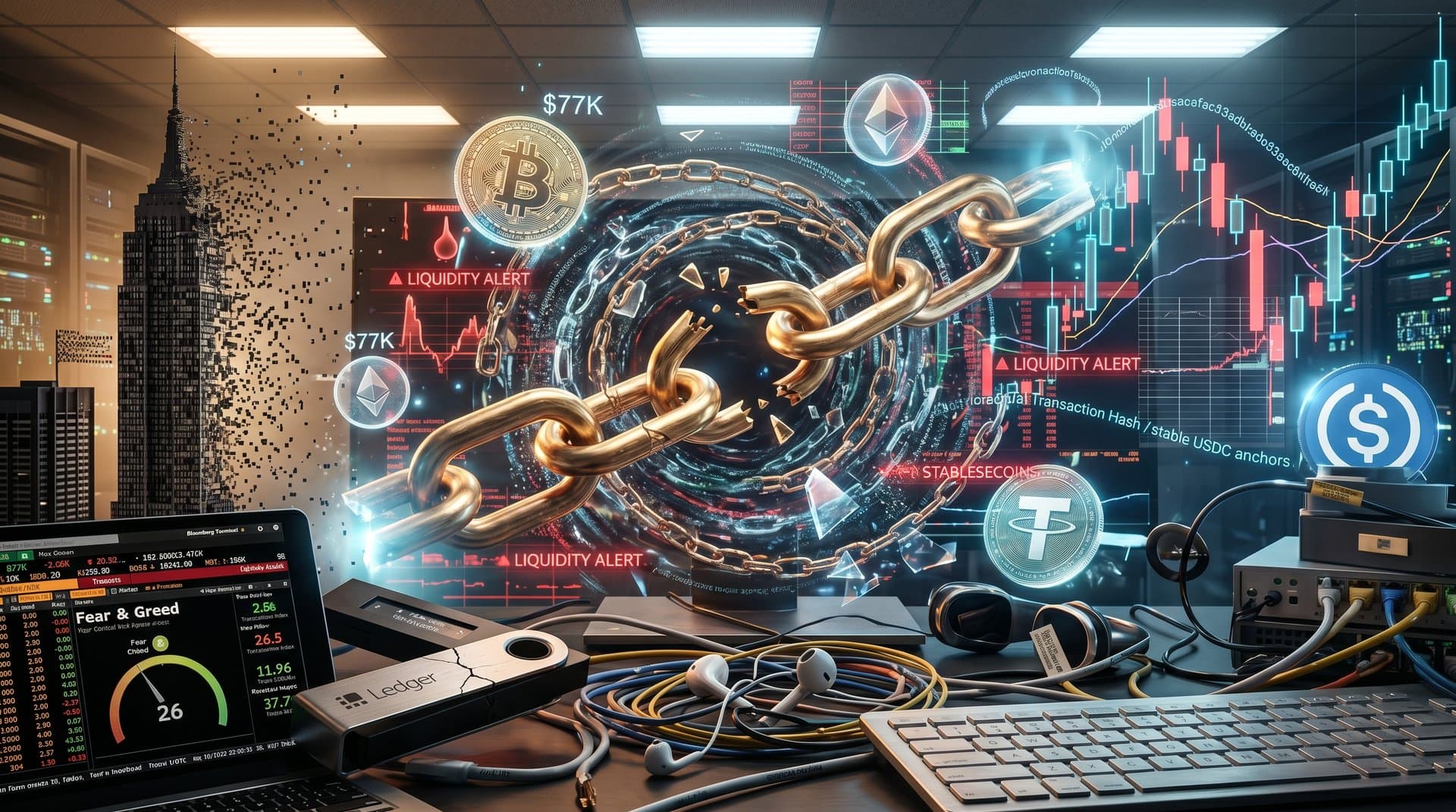 Fractured blockchain network unraveling with trapped tokens, liquidity alerts, Bitcoin stability amid market fear charts