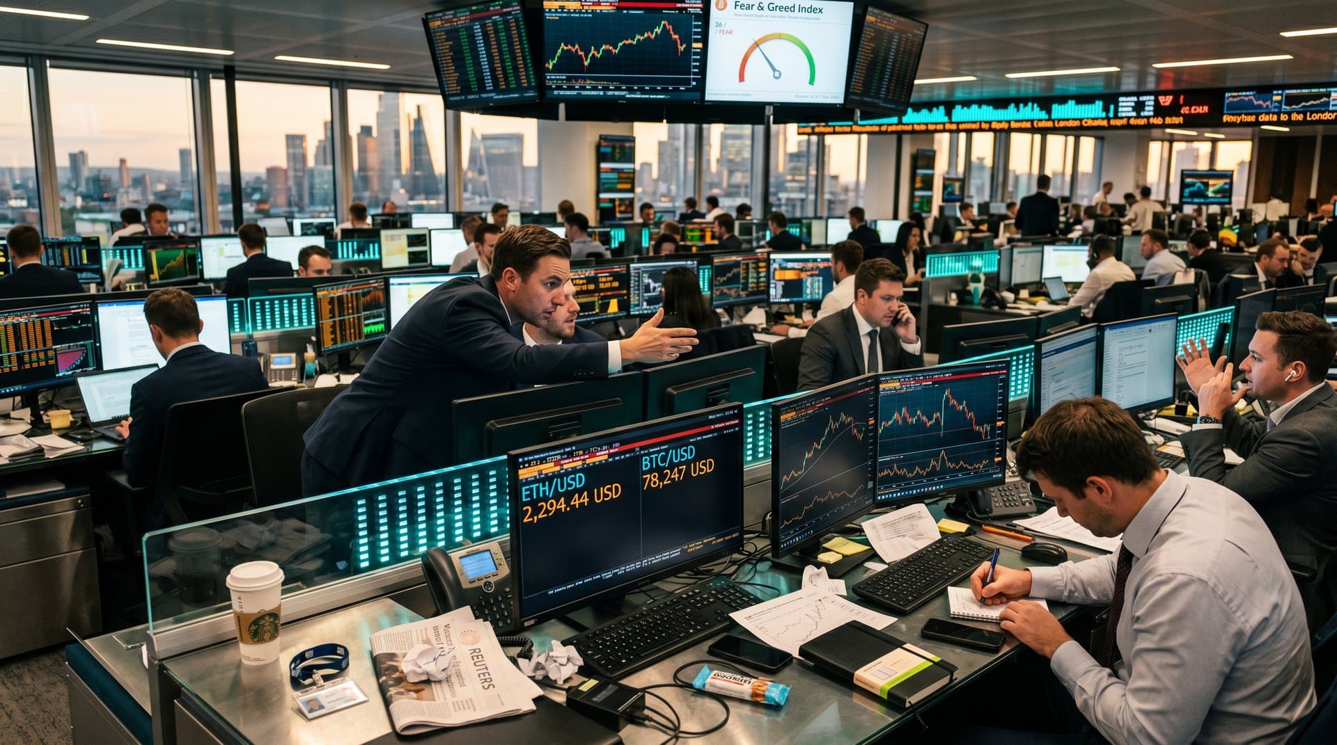 Traders monitoring Ethereum price and Bitcoin charts on advanced terminals in a high-tech trading environment with city skyline