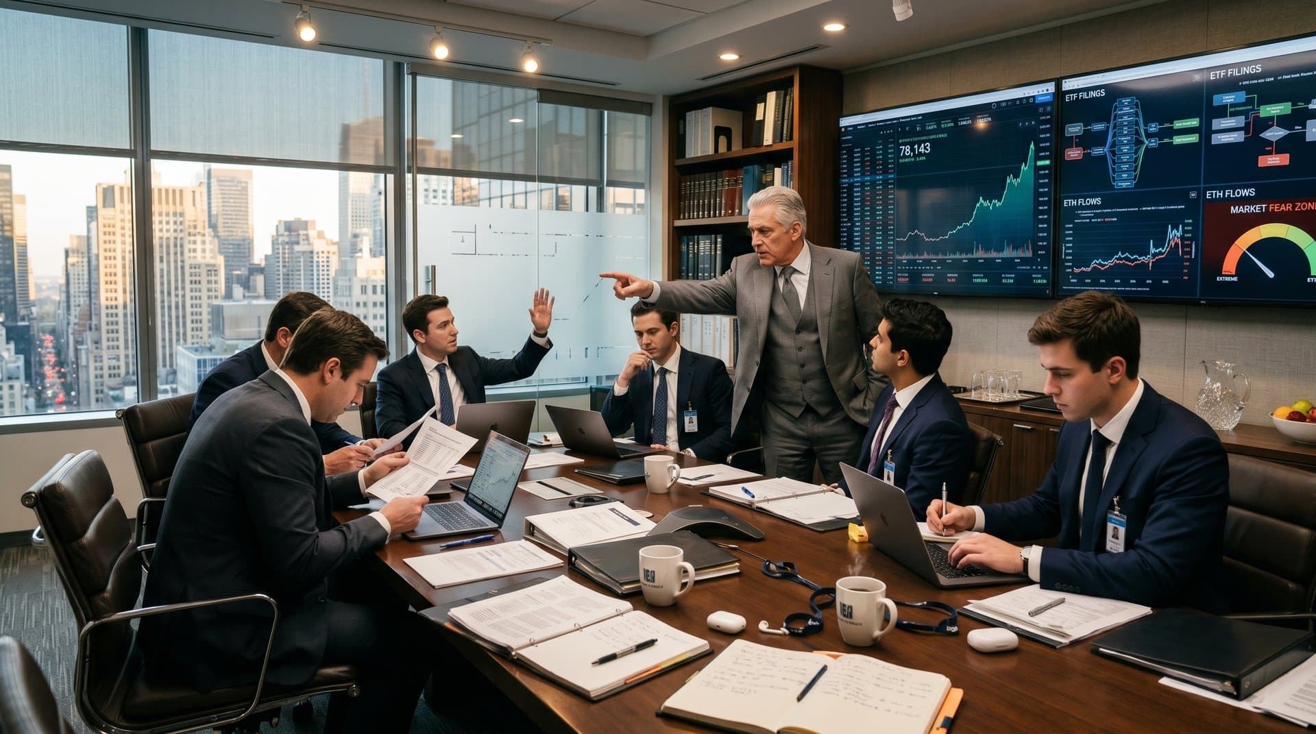 Conference room with crypto charts on monitors, regulatory binders, and market data displays overlooking Manhattan skyline