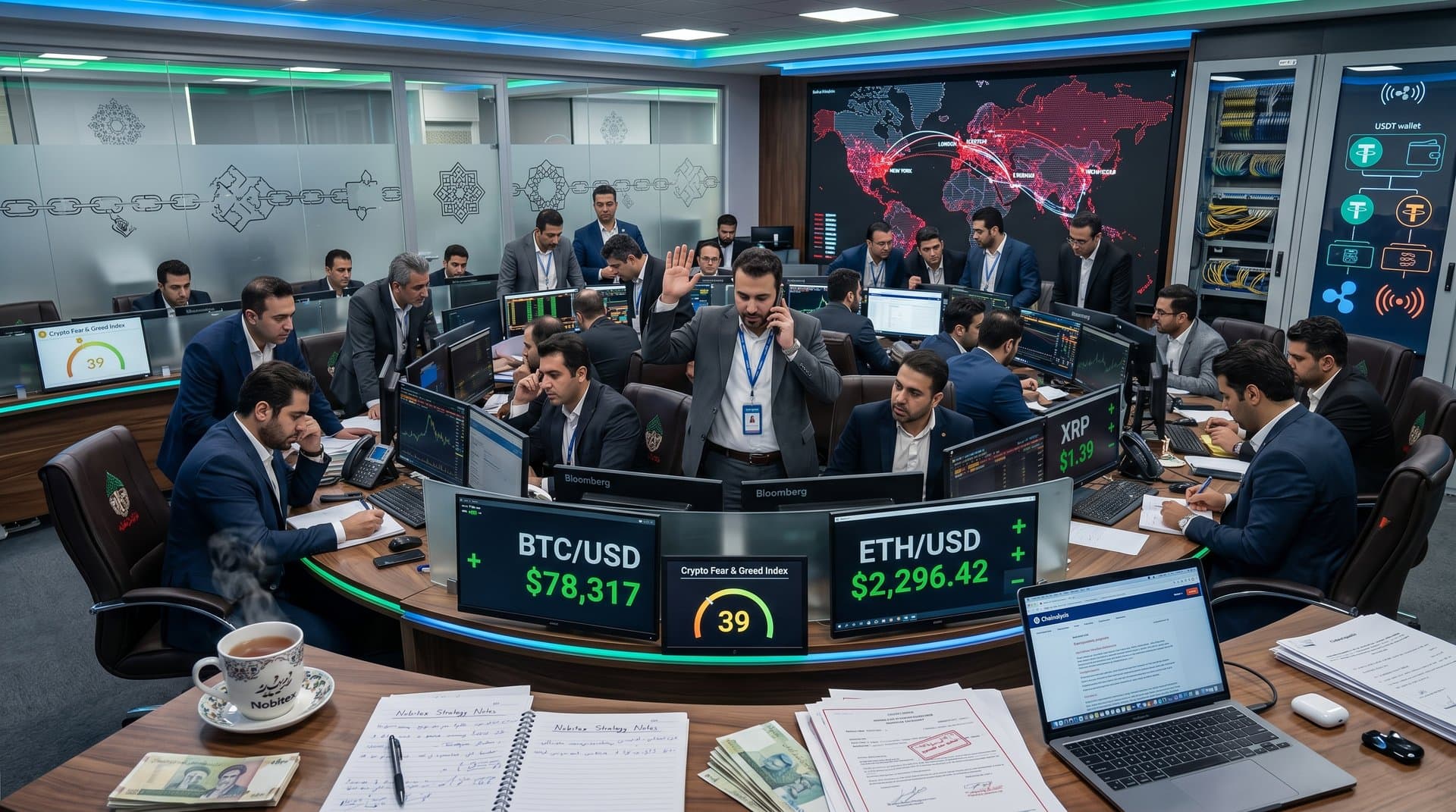 Traders analyze crypto prices and sanctions data on Bloomberg terminals across curved desks in a modern trading room