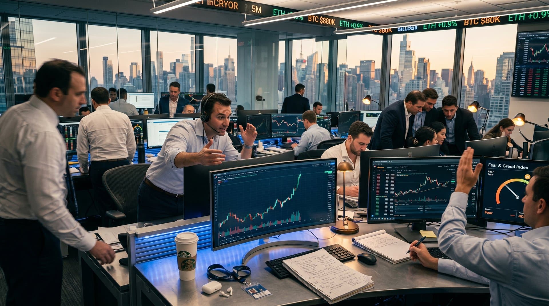 Trading screens show Ethereum price at $2,354, Bitcoin at $80k, and Fear & Greed at 40 amid modern finance office with skyline