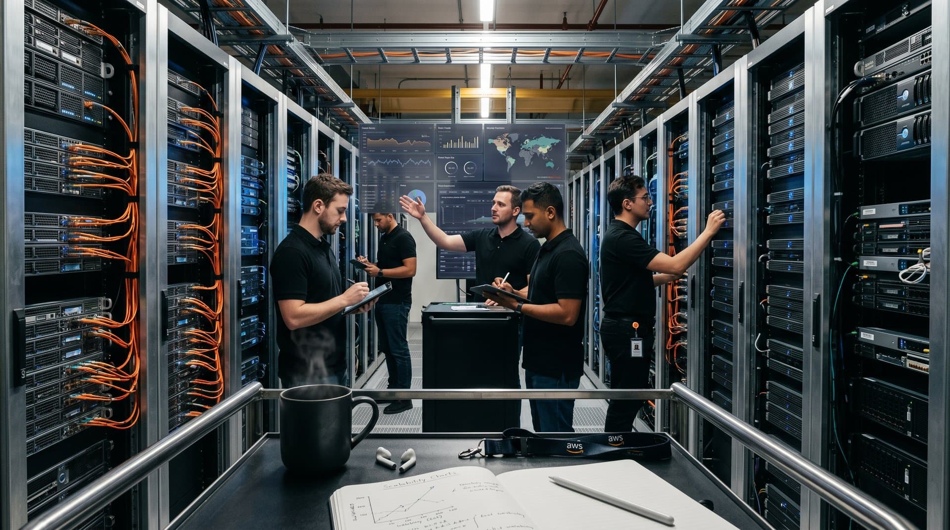 Abstract data streams linking Chainlink oracles to AWS cloud servers in futuristic data center