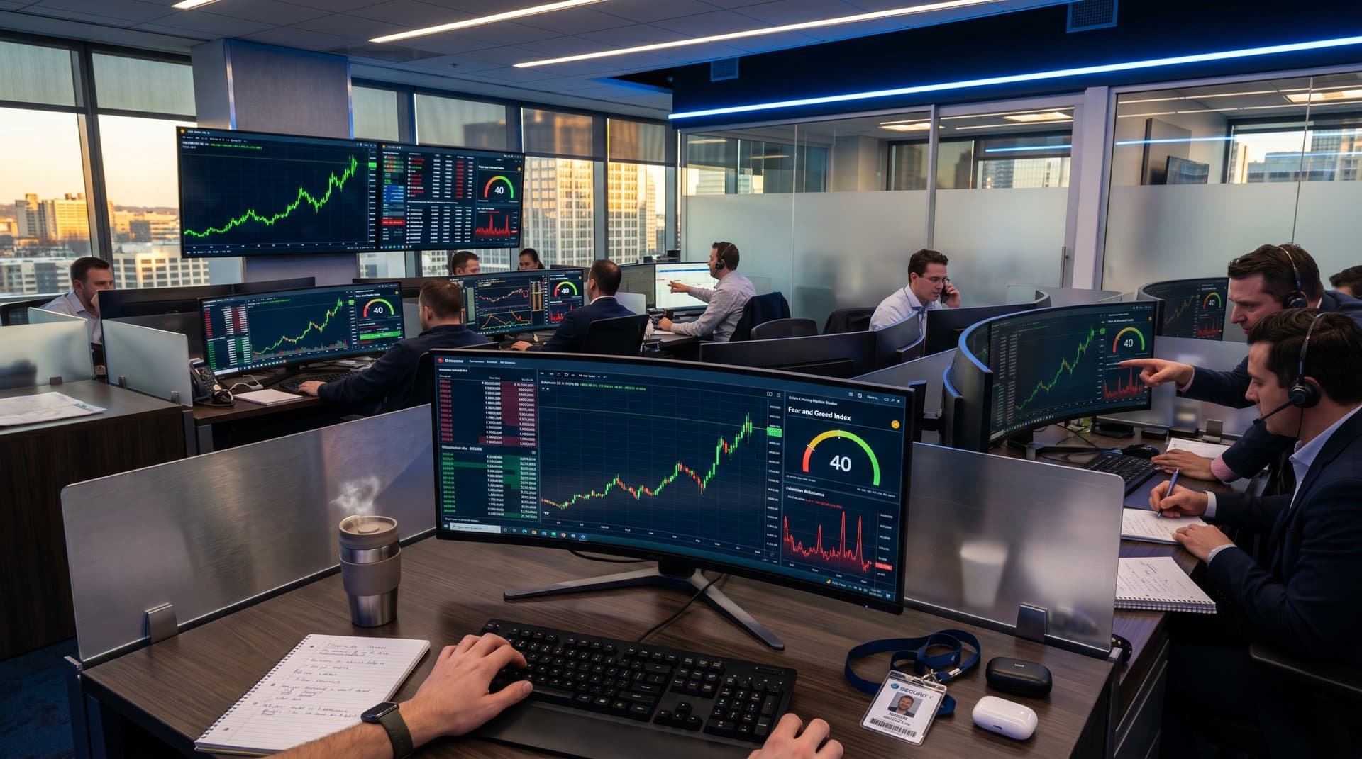 Trading desk with multiple screens showing crypto prices including Bitcoin at $80K, Fear & Greed Index, and market charts in a professional finance studio