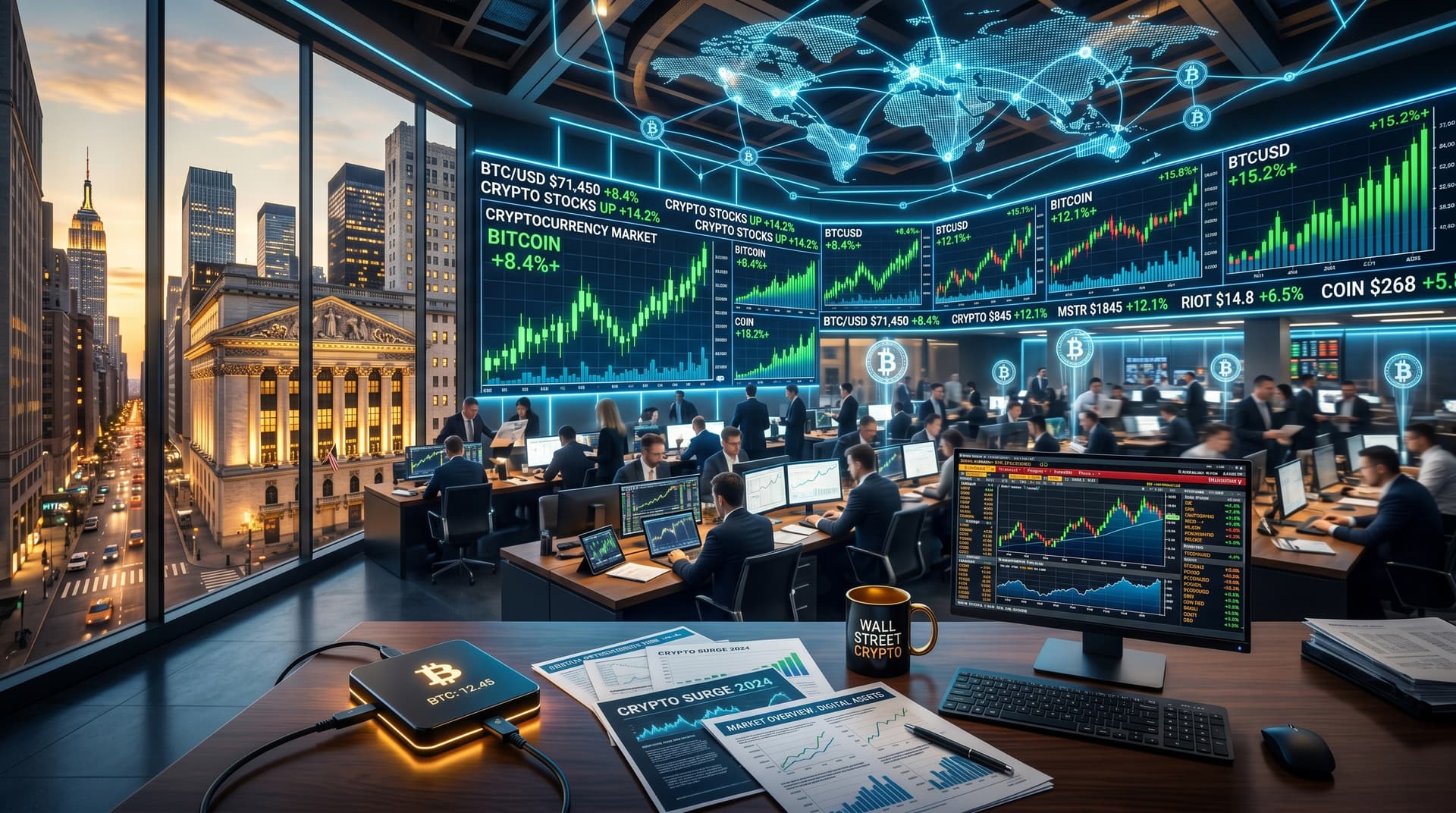 Cryptocurrency Stocks Rally 8-13% as Bitcoin Surges to $74,555 Peak