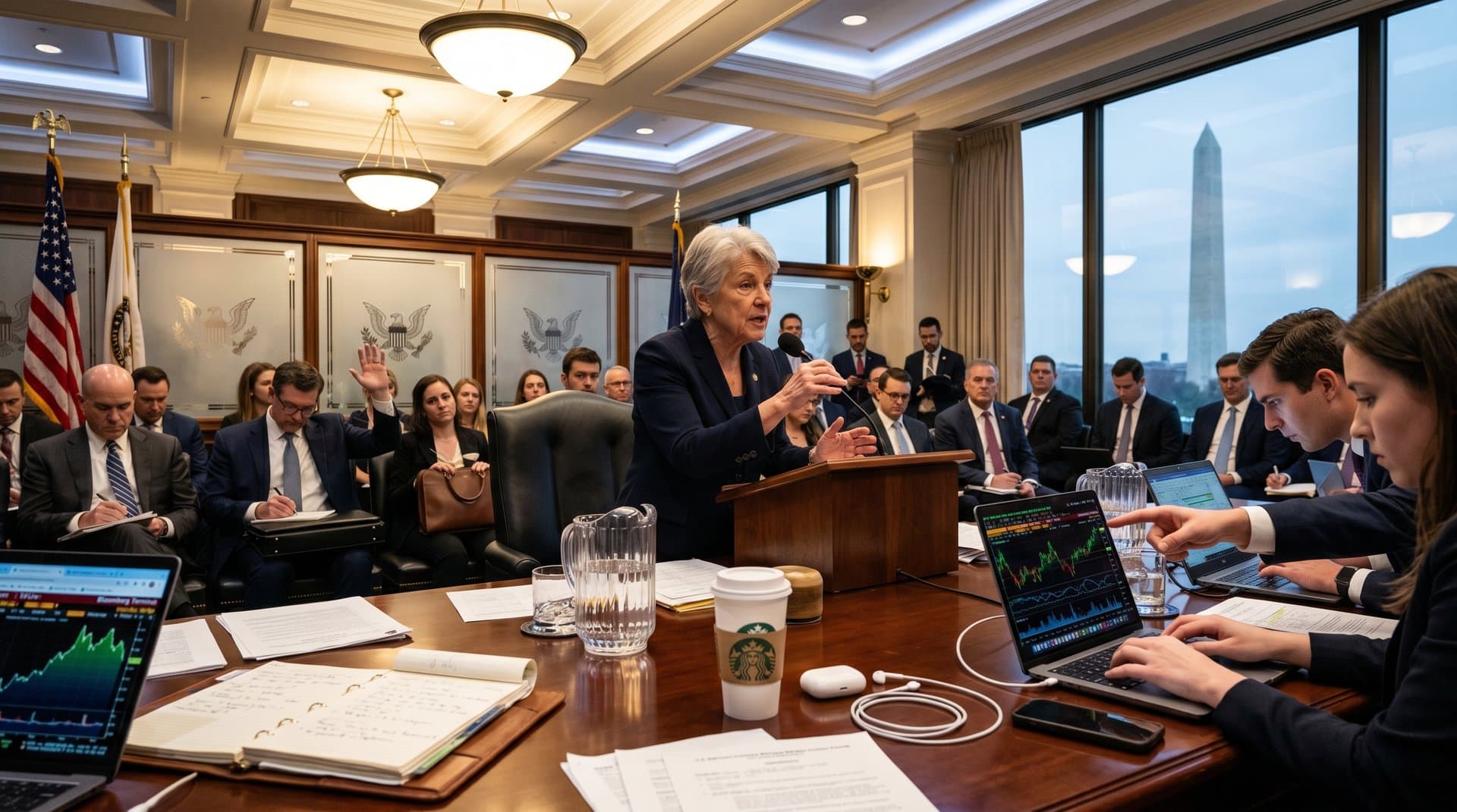 Senate caucus room briefing on Iranian cryptocurrency exchange regulations with crypto charts, flags, and professional setup