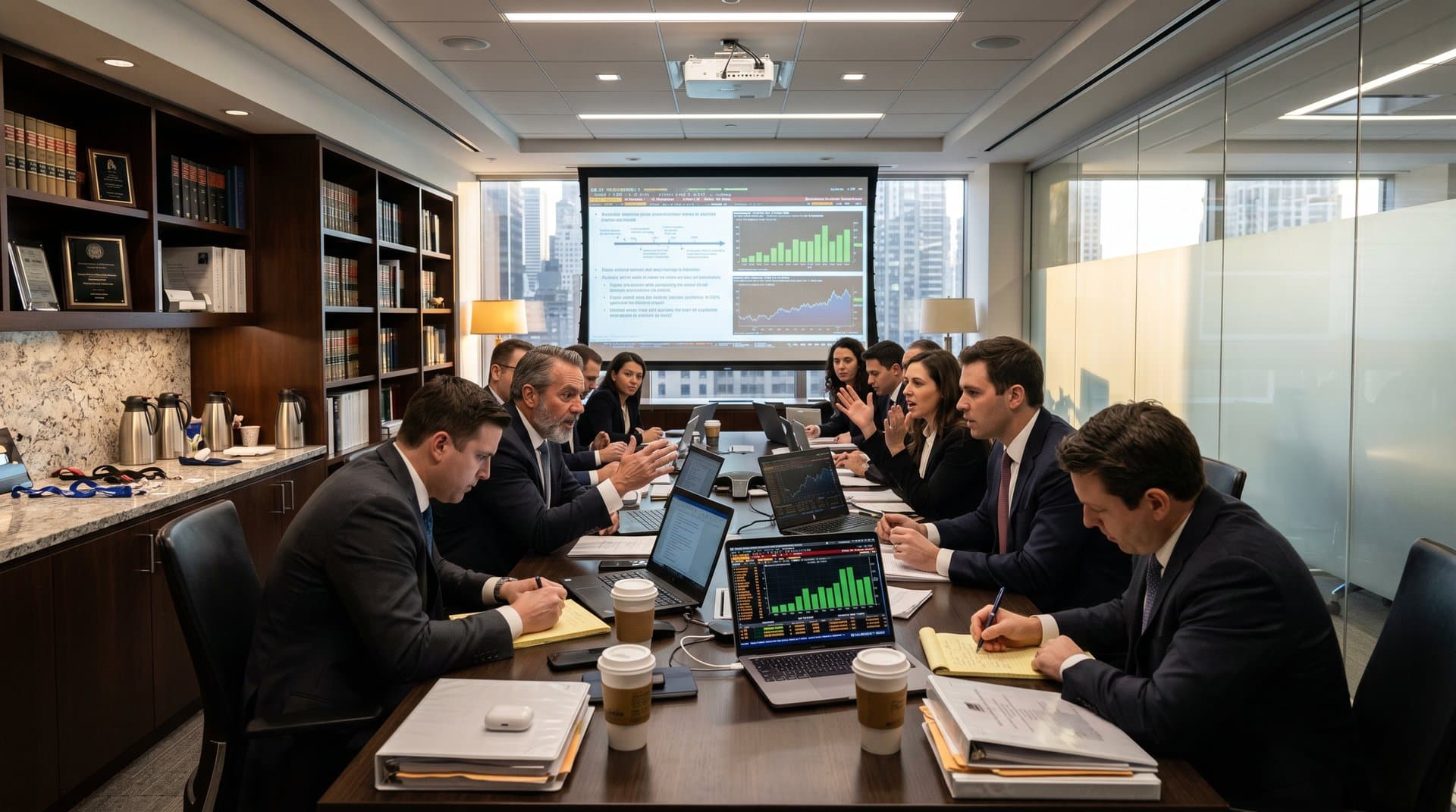 Modern law firm conference room with crypto charts, legal documents, and city skyline view