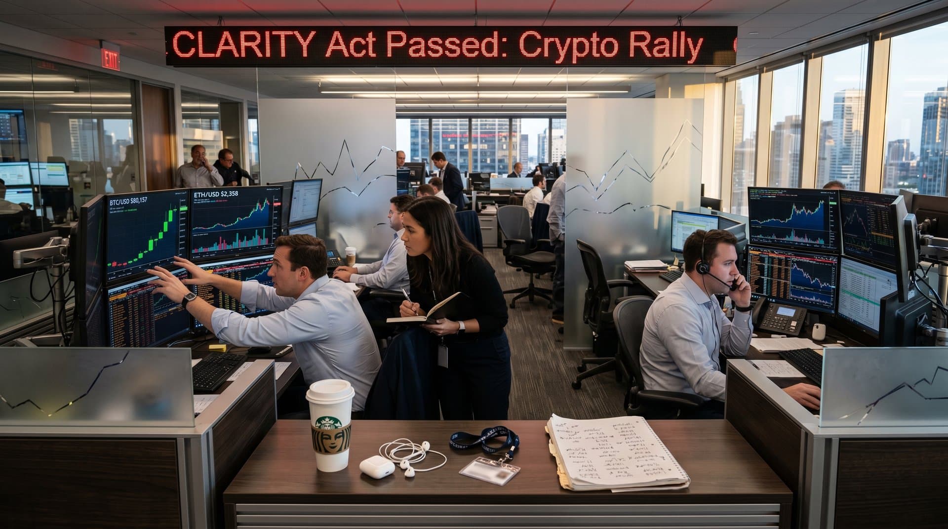 Trading terminals show Bitcoin and Ethereum charts with CLARITY Act news in modern finance office