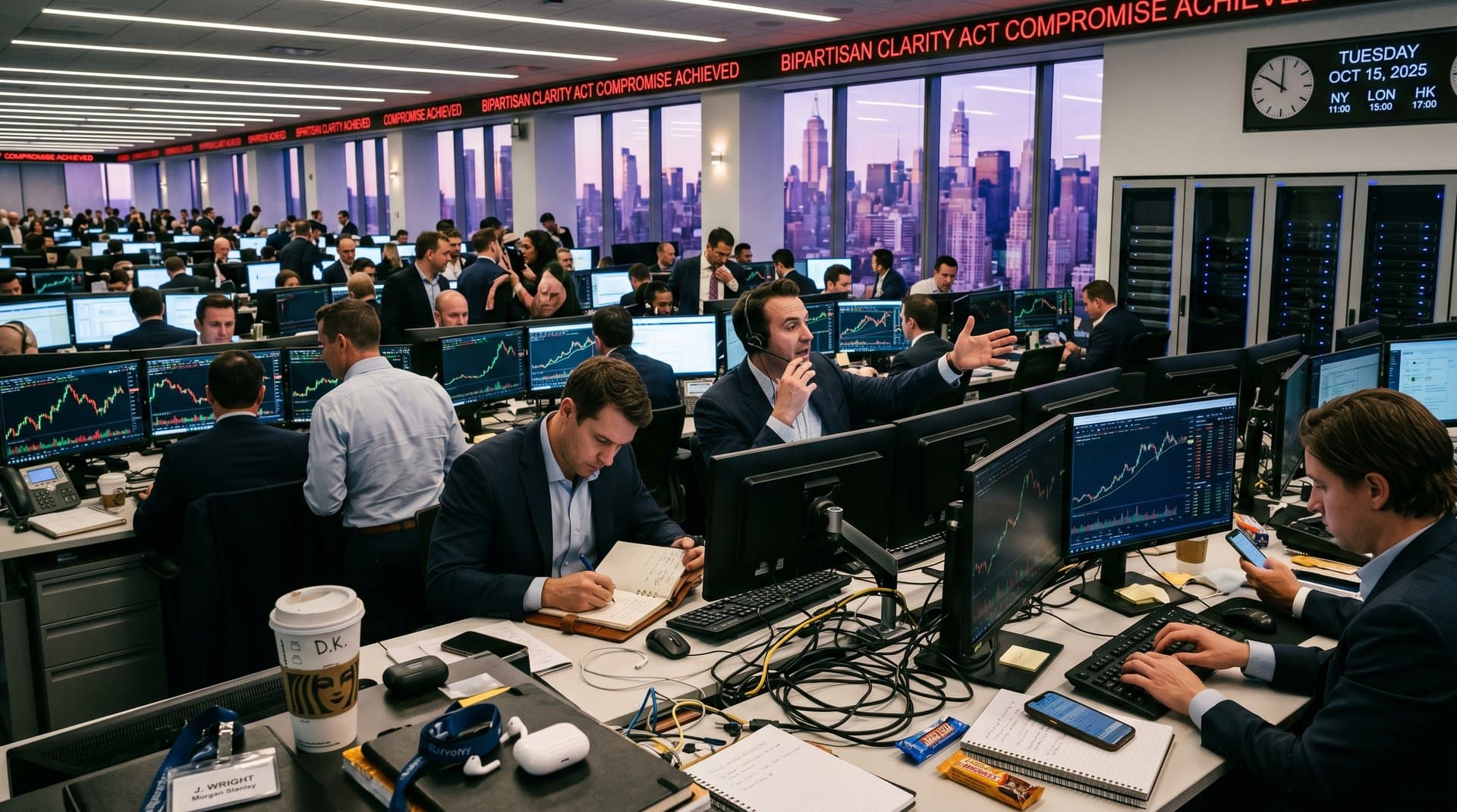 Trading floor with Bloomberg terminals showing Bitcoin charts at $80,423 and CLARITY Act headlines in modern office