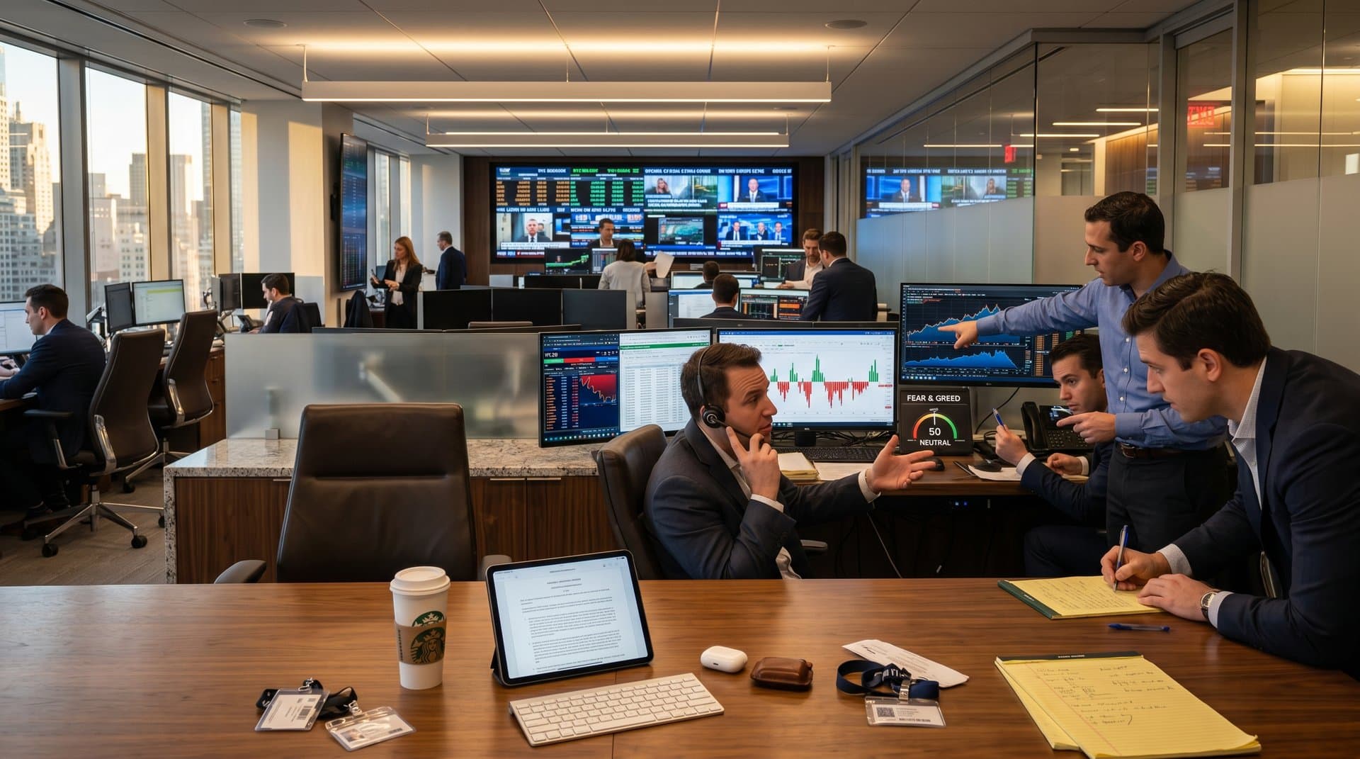 Trading floor with Bloomberg terminals showing Flow charts, BTC data, Fear & Greed Index, and market tickers