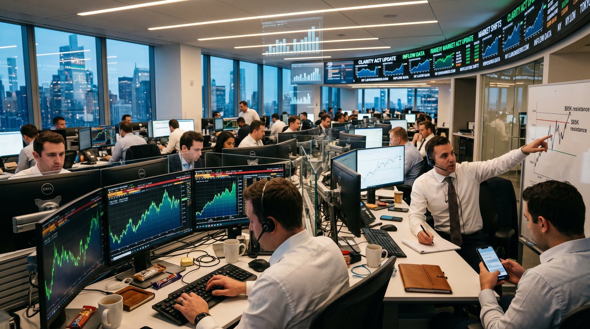 Modern trading floor with Bloomberg terminals showing BTC price charts at $81,395, desks, coffee cups, and skyline view