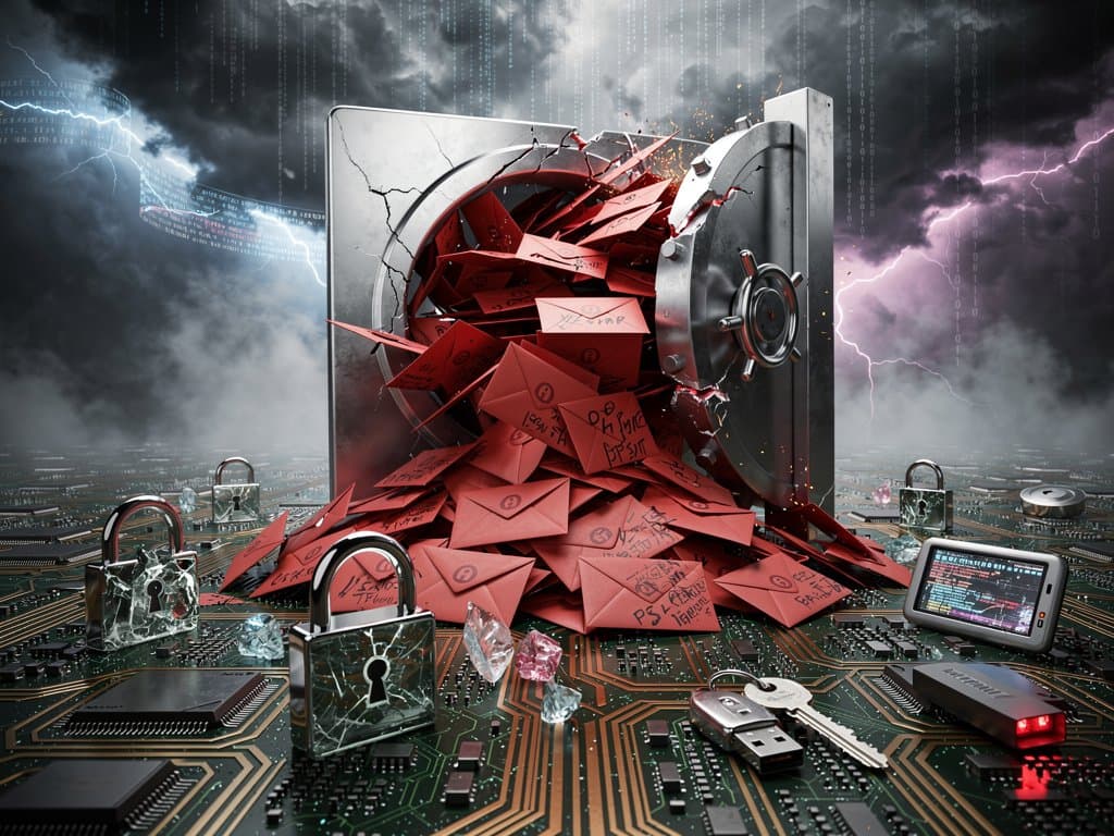 Overflowing inbox with spam envelopes bursting from cracked Gmail logo amid code and security icons