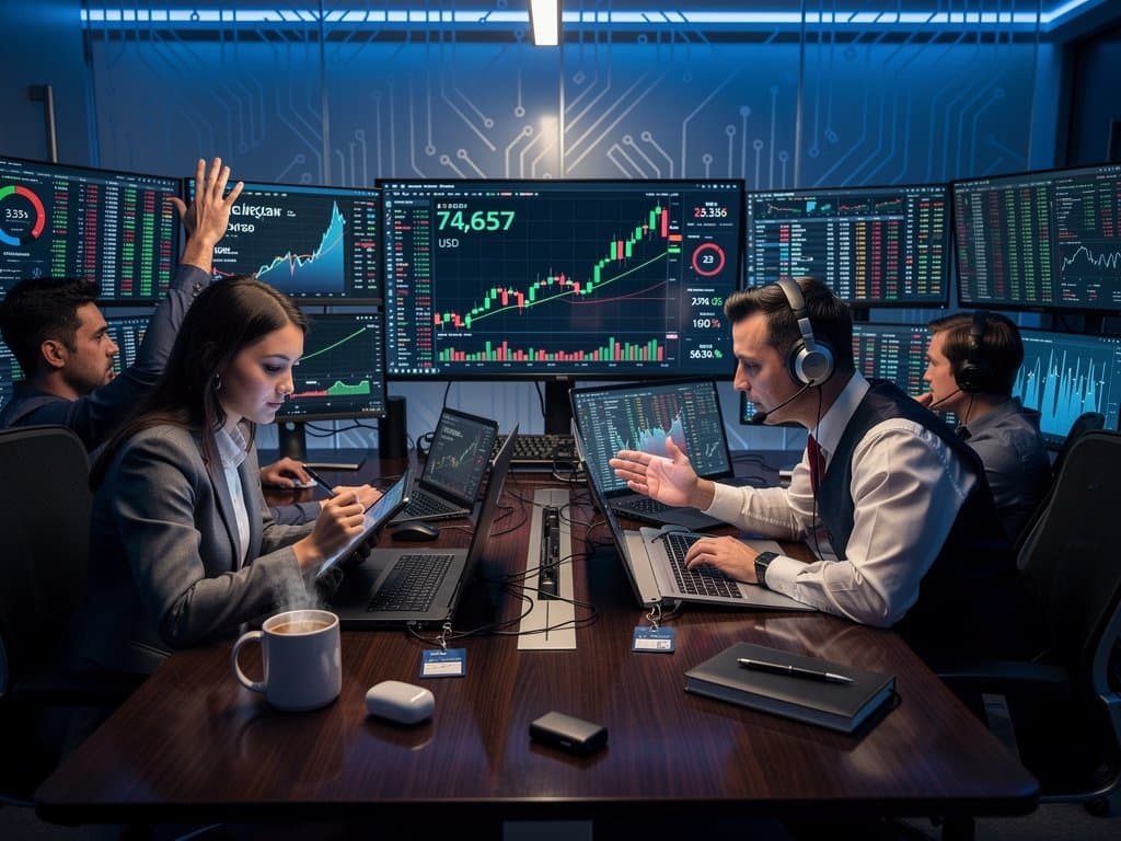 Trading desks with Bloomberg terminals showing BTC at $74,657, Fear Index 23, and altcoin prices amid modern office screens and river view