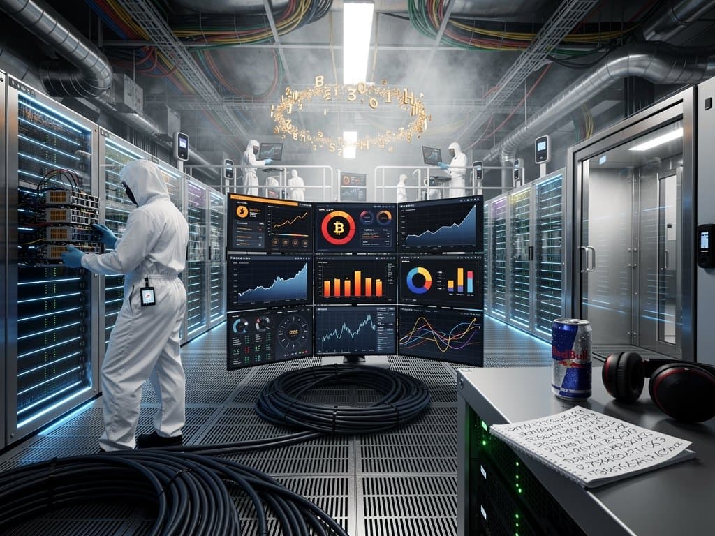 Futuristic data center with server racks, glowing cables, monitors displaying BTC at $73,819, Fear & Greed at 23, and MicroStrategy milestone progress