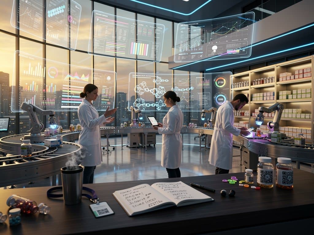 Futuristic AI-driven pharmacy fulfillment center with robotic arms, holographic prescription scans, and data streams illustrating automated efficiency